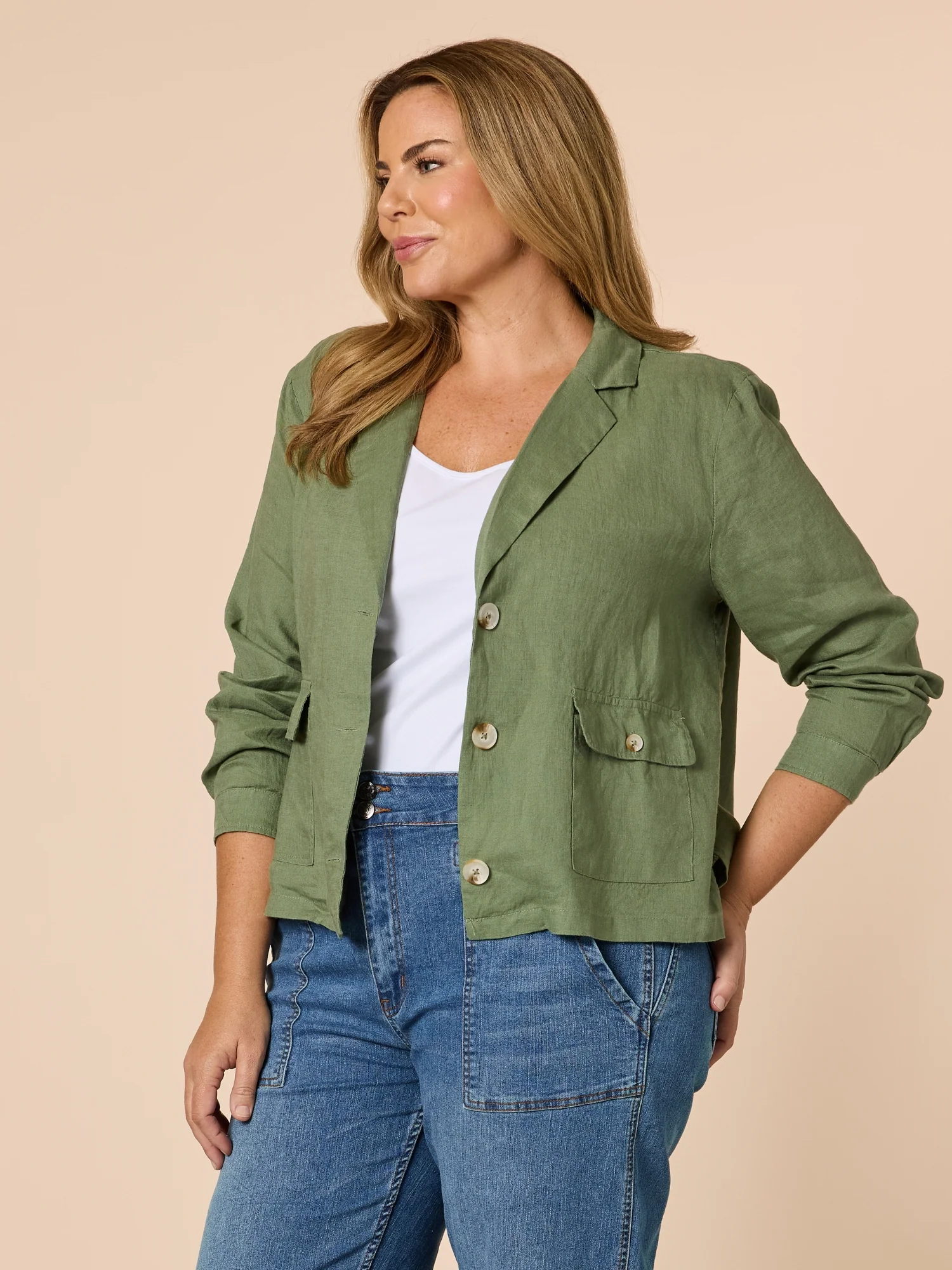 Danielle Linen Cropped Blazer - Khaki
