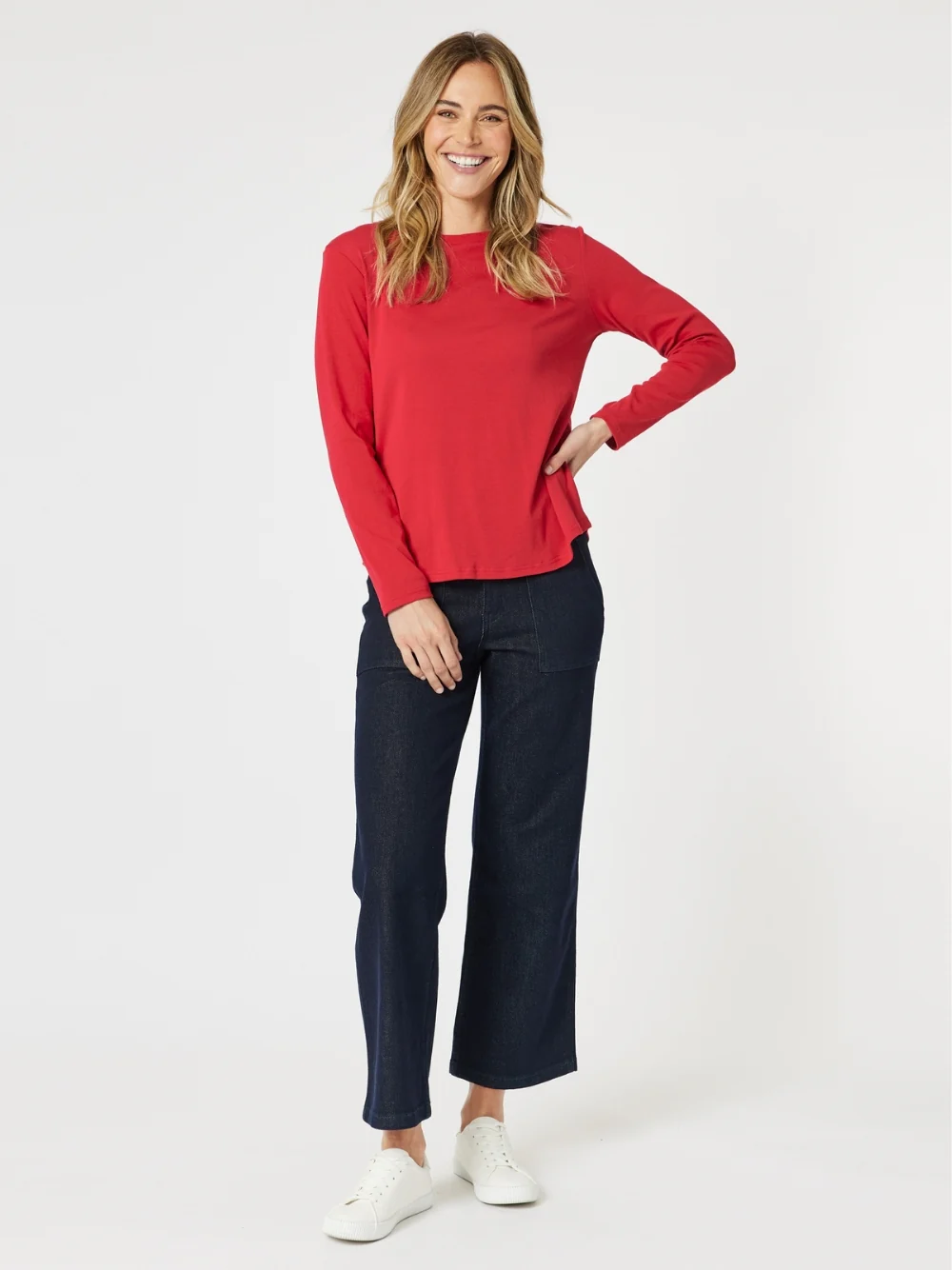 Crew Neck Cotton Rib Long Sleeve Top - Red
