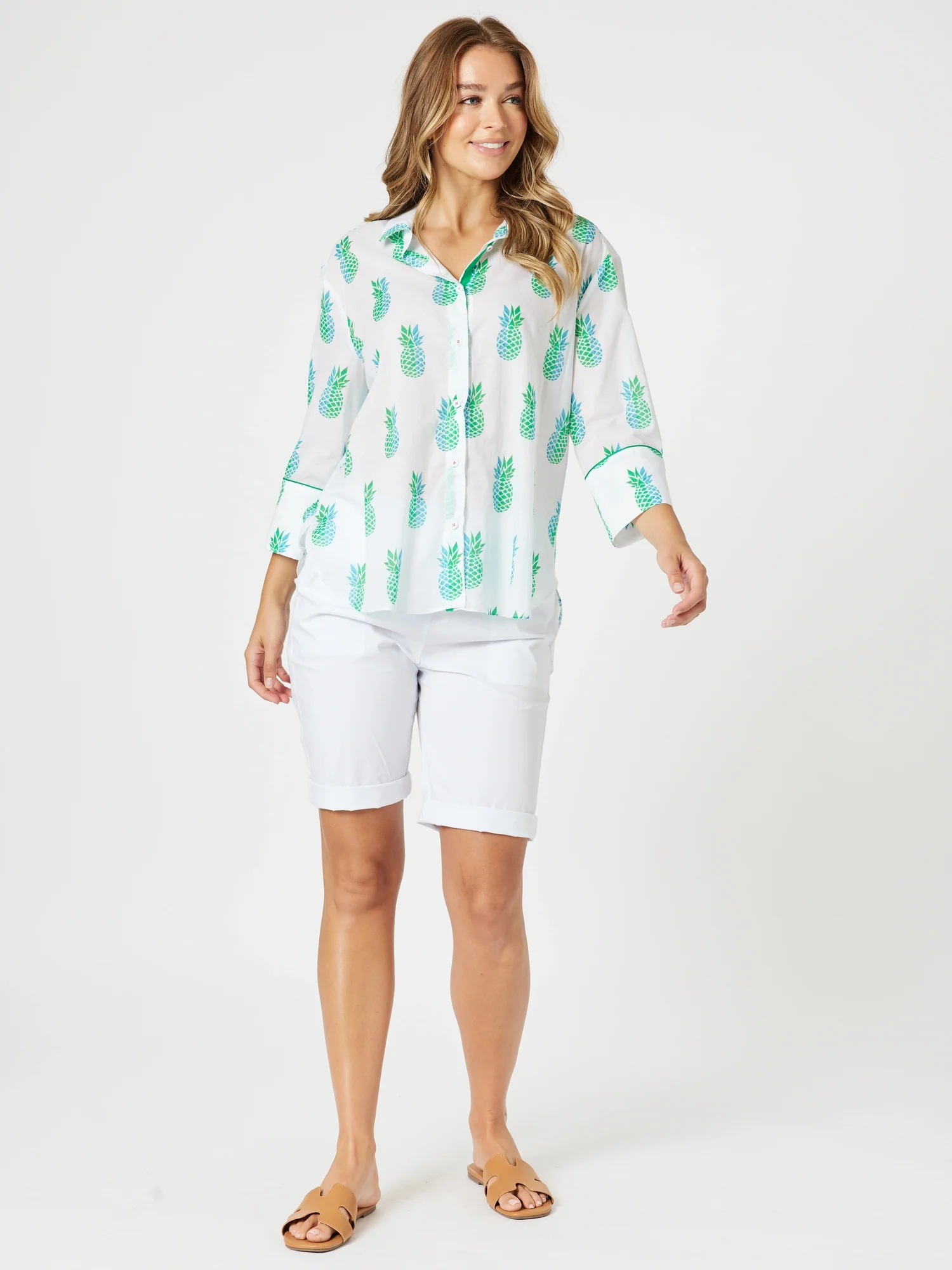 Pineapple Pina Colada Print Sheer Shirt - White Multi