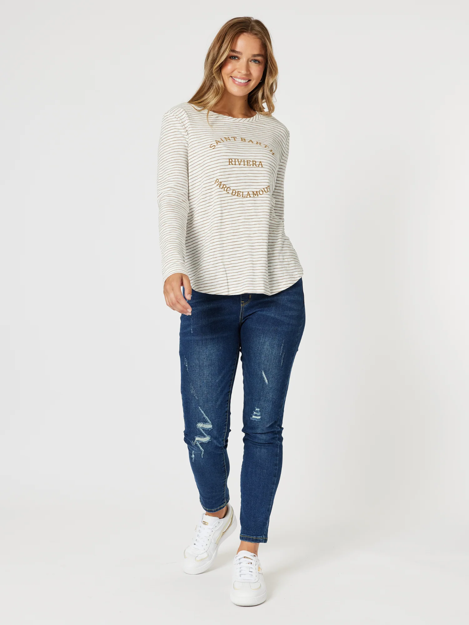 Riviera Long Sleeve Stripe Print Tee - Natural/White