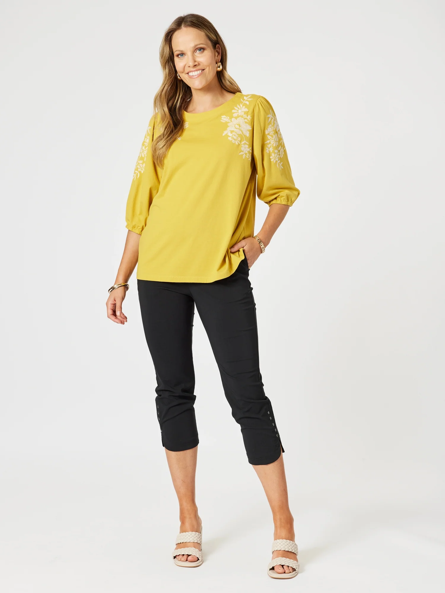 Jill Floral Embroidered Tee - Gold