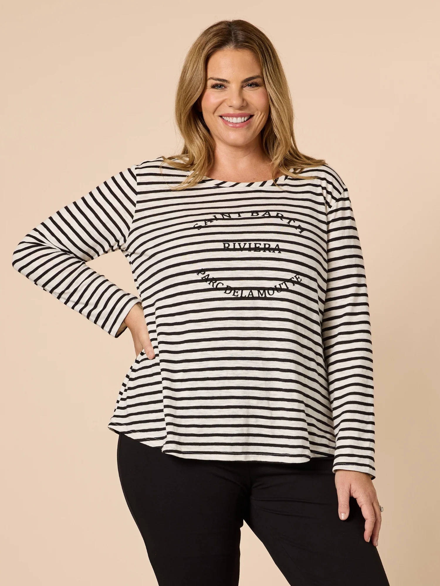 Riviera Long Sleeve Stripe Print Tee - Black/White