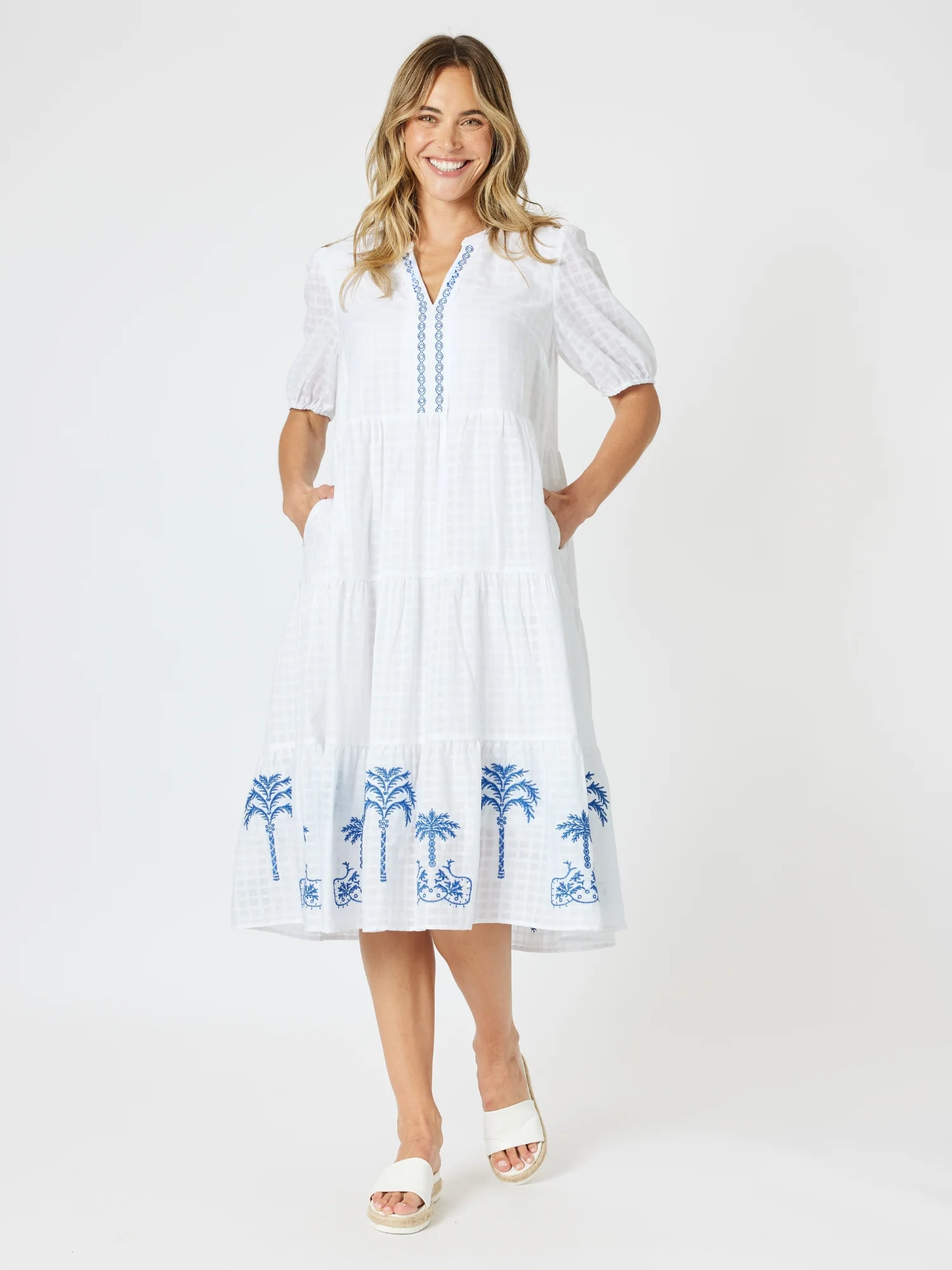 Mykonos Embroidered Dress - White/Blue