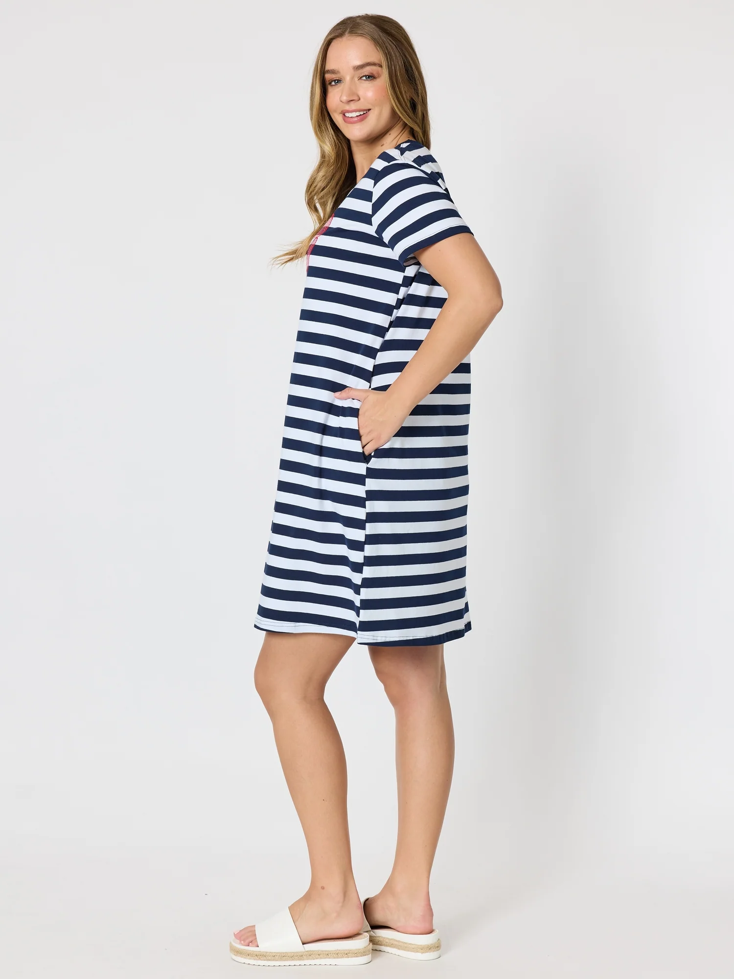 Red Bow Stripe Print Dress - Navy/White