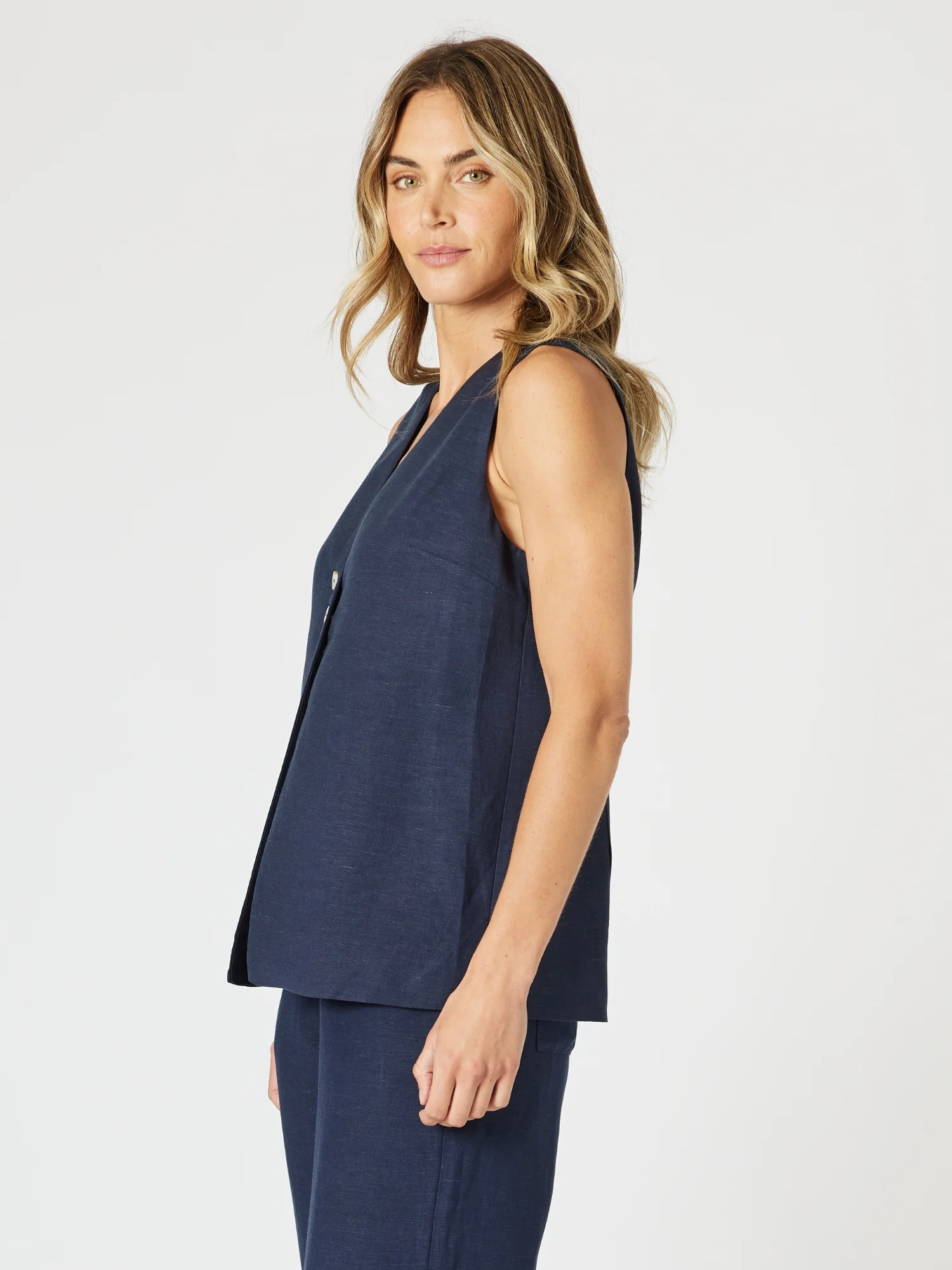 Lino Long Vest - Navy