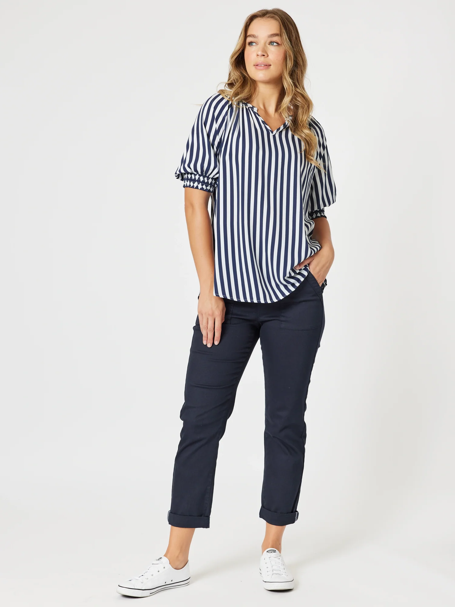 Harlequin Stripe Print Top - Navy/White