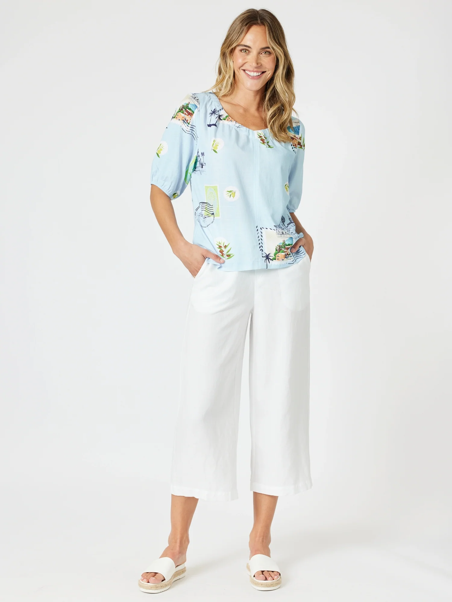 Destination Print Top - Pale Blue