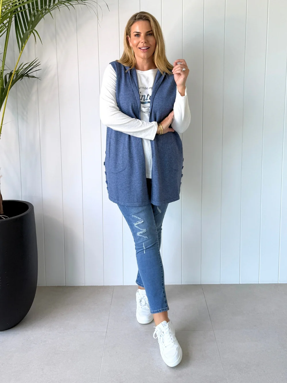 Ollie Side Button Vest - Indigo