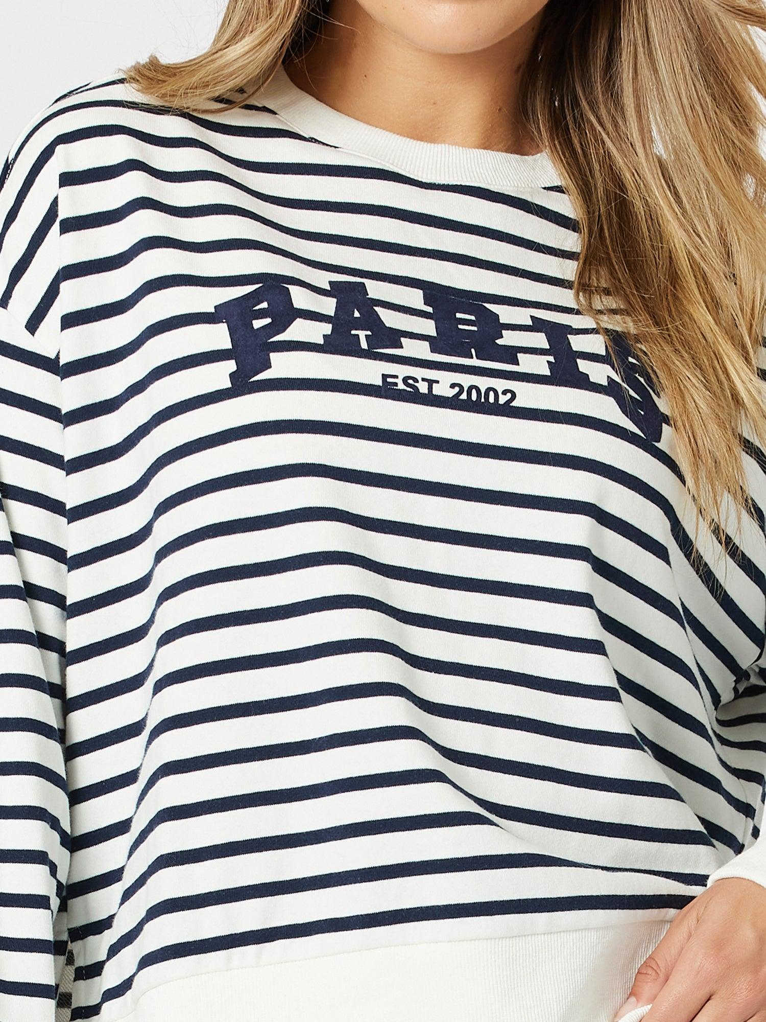 Paris Stripe Print Sweatshirt - Navy/White
