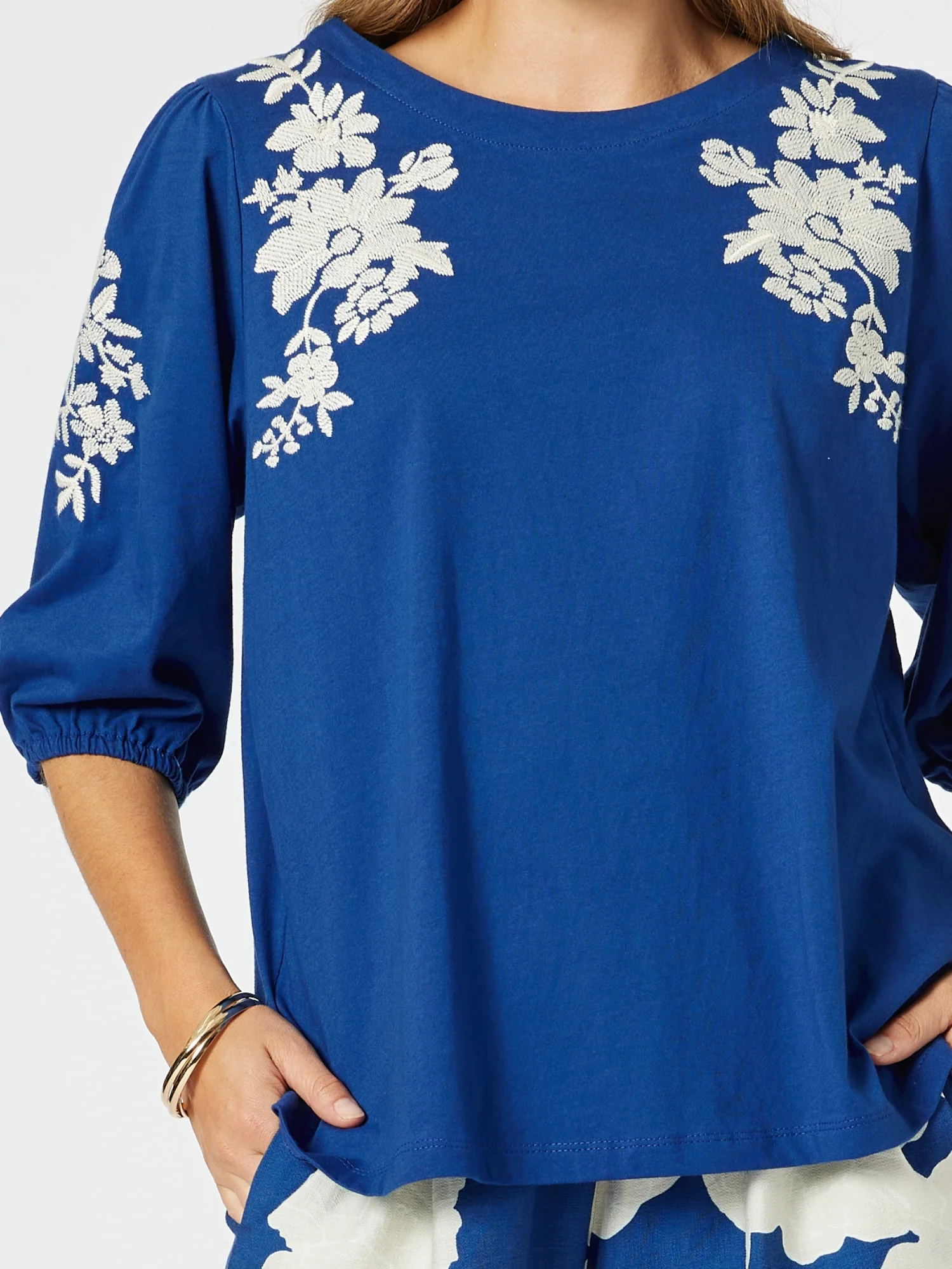 Jill Floral Embroidered Tee - Blue