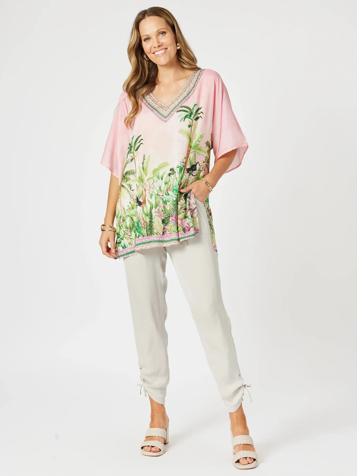 Toucan Print V Neck Top - Pink
