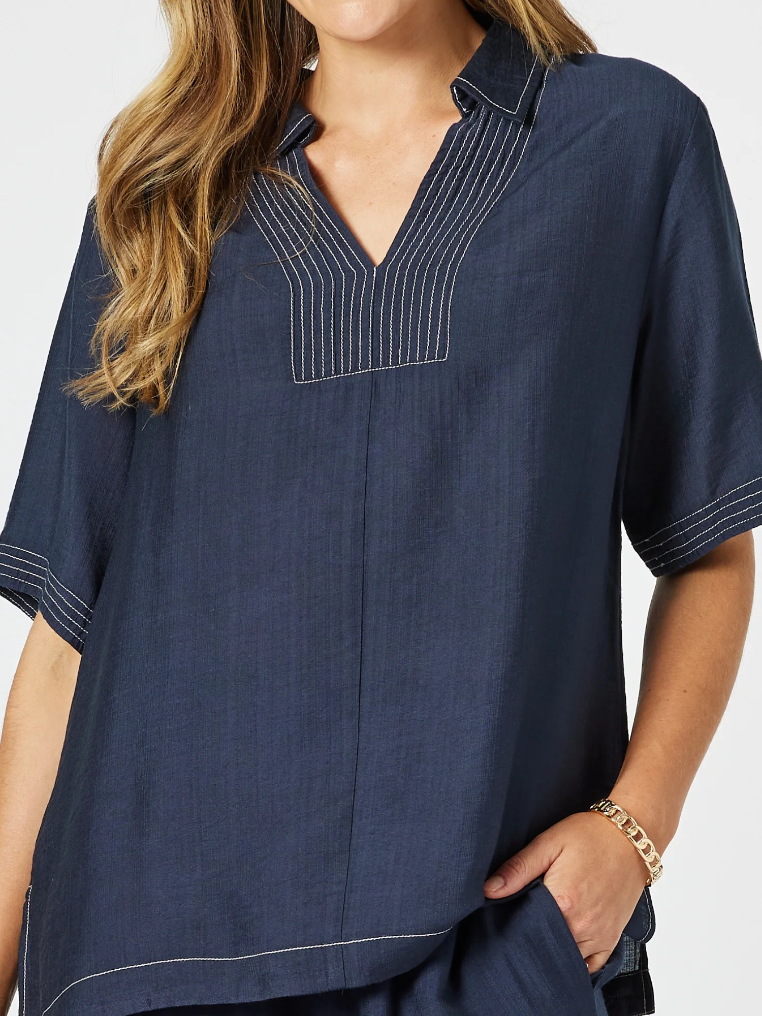 Top Stitch Detail Top - Navy