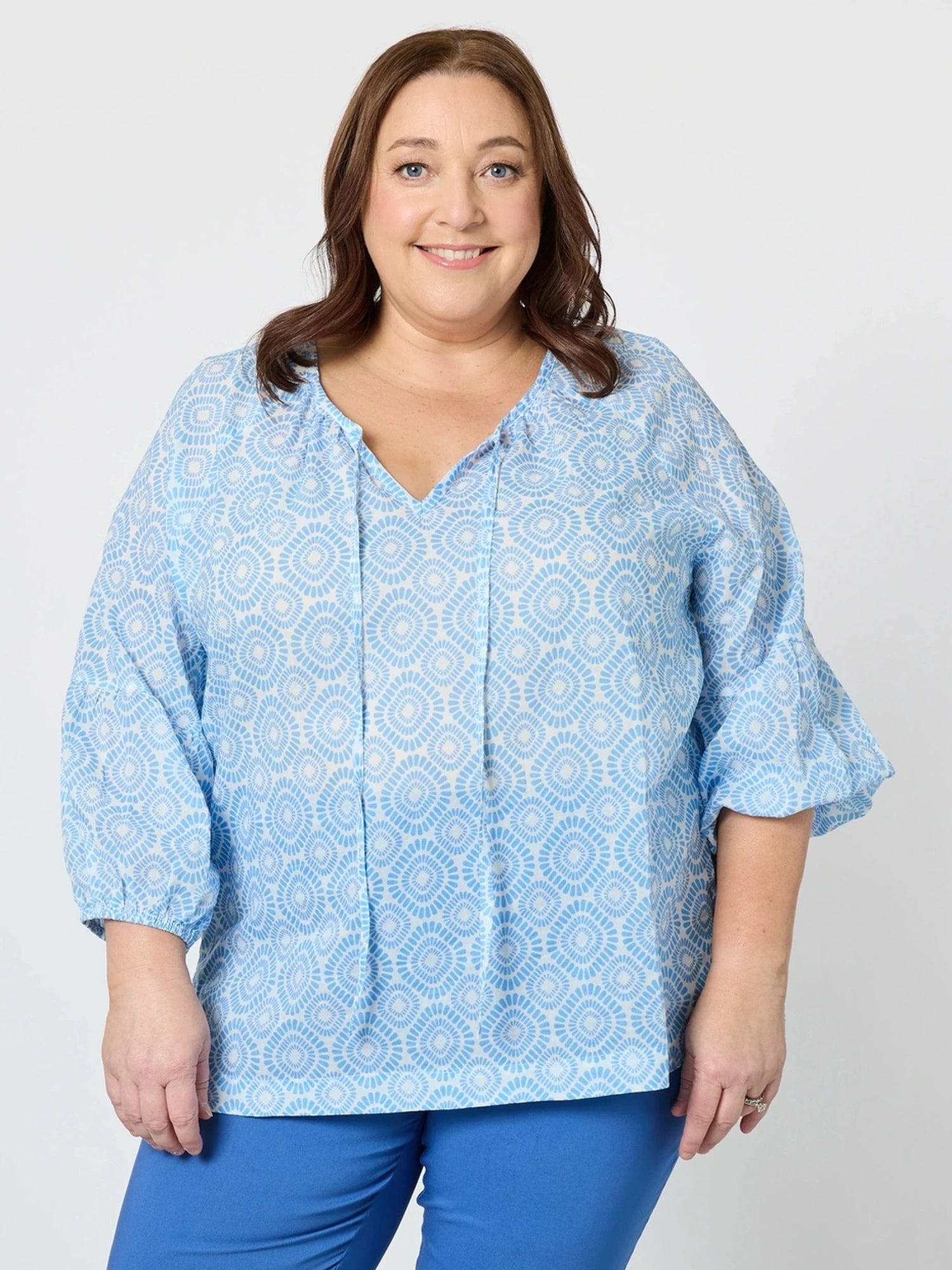 Mosaic Print Sheer Blouse - Blue