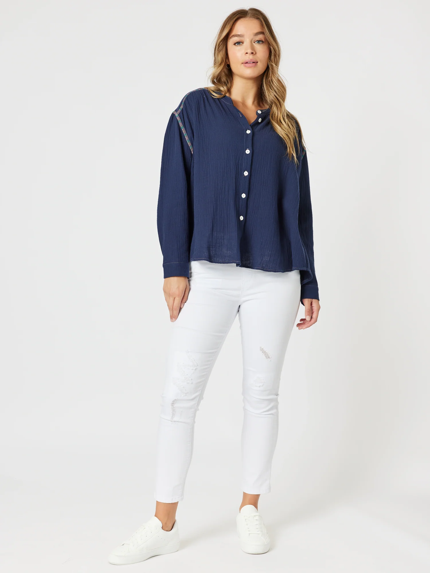 Rainbow Stitch Top - Navy