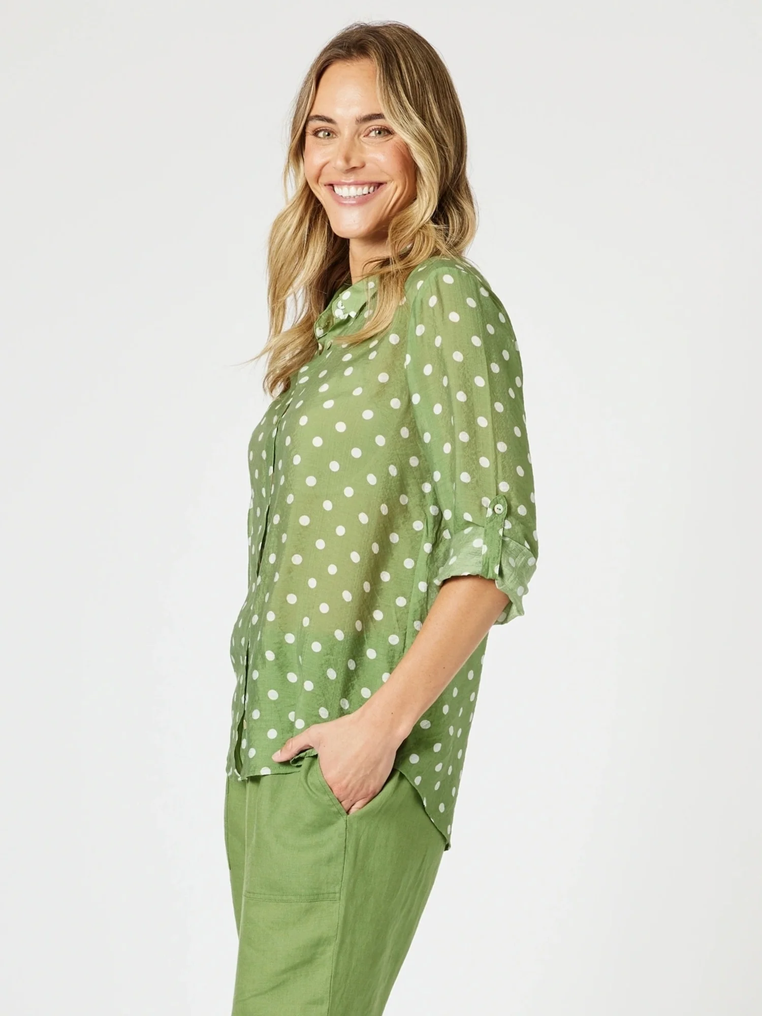 Basil Spot Print Sheer Shirt - Basil White