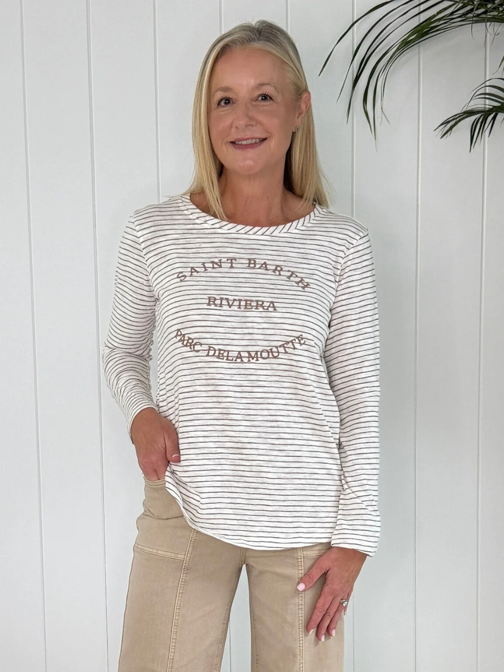 Riviera Long Sleeve Stripe Print Tee - Natural/White