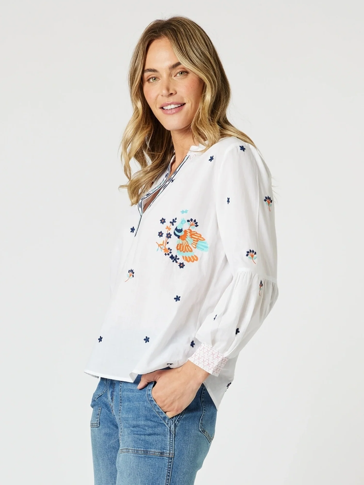 Birdie Embroidered Blouse - White Multi