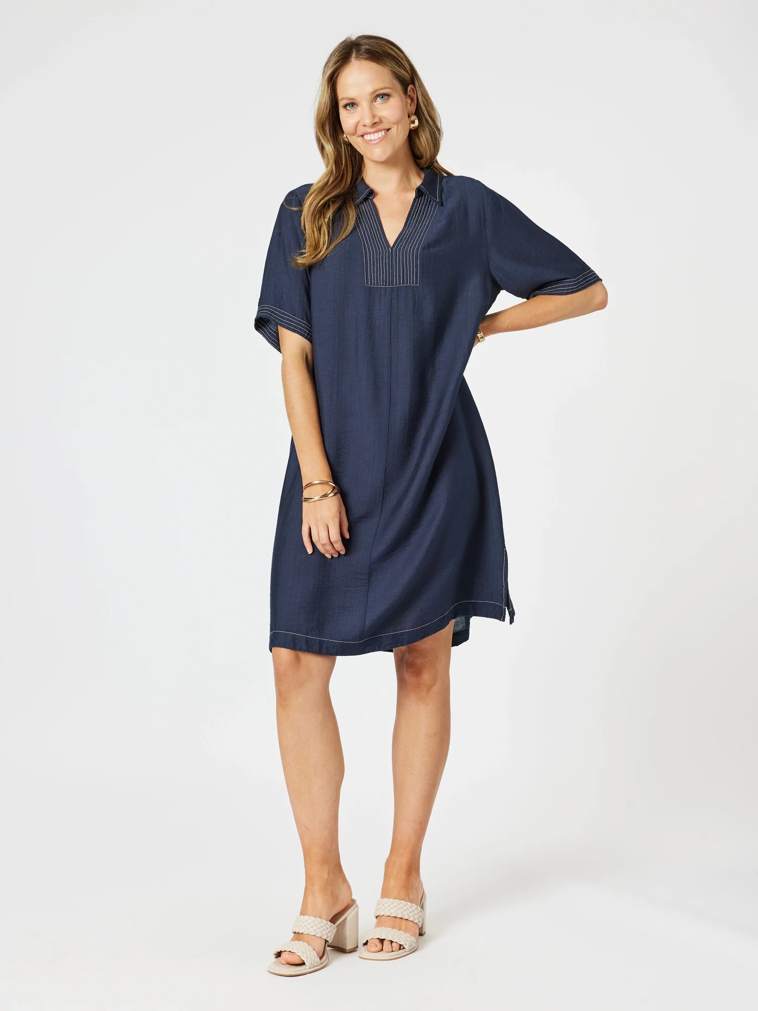 Top Stitch Detail Dress - Navy