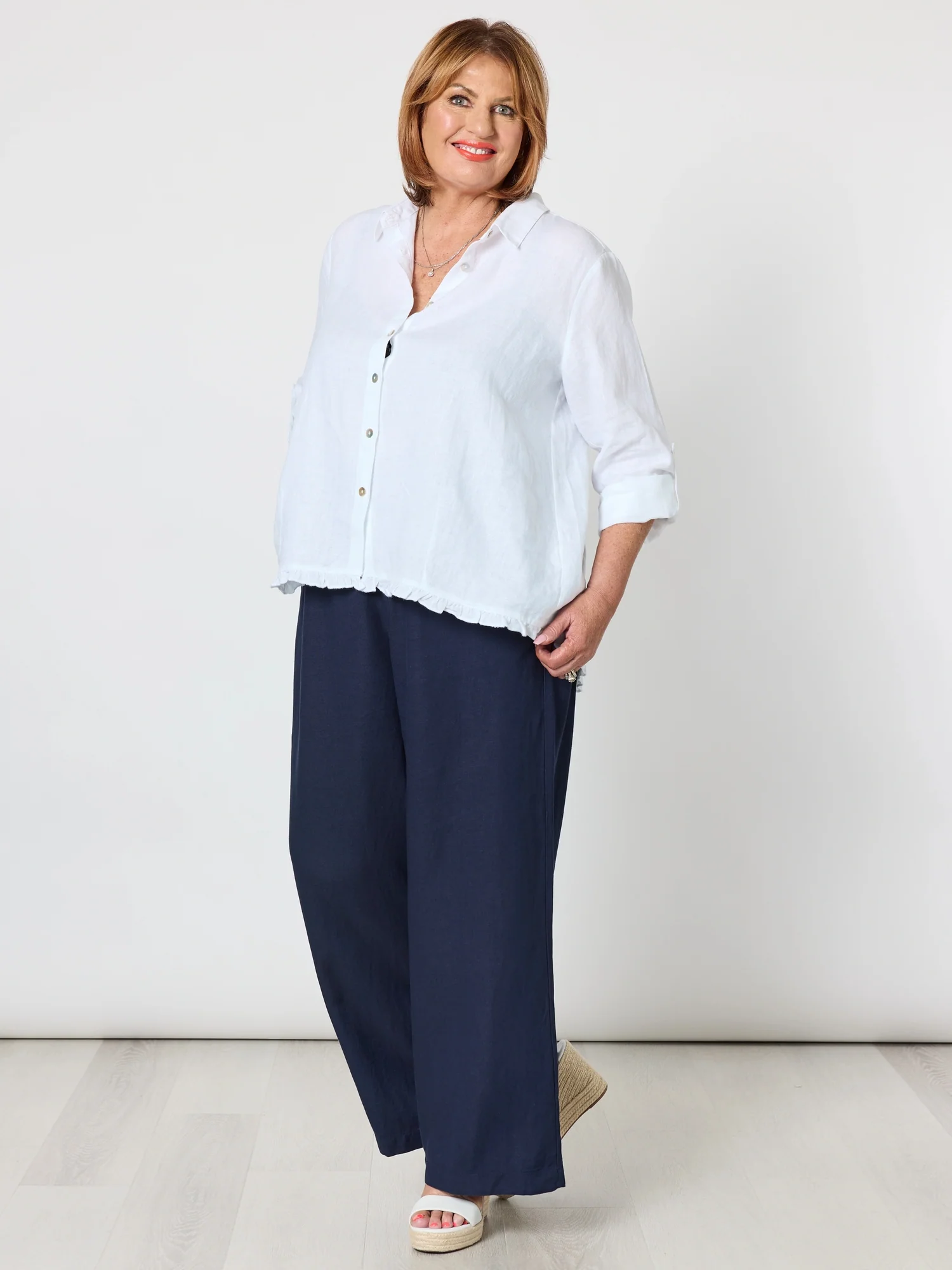 Ruffle Hem Linen Shirt - White