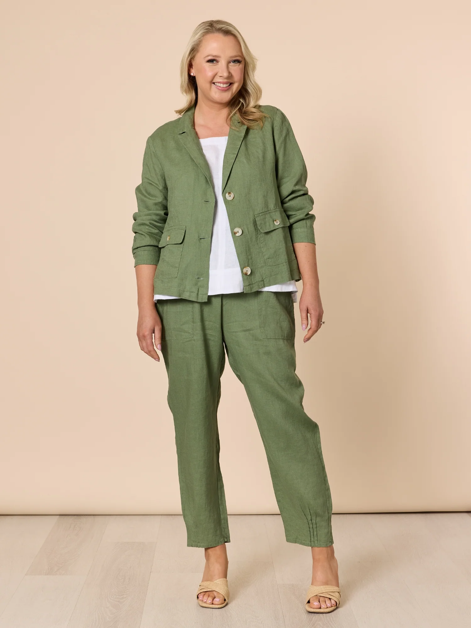 Danielle Linen Cropped Blazer - Khaki