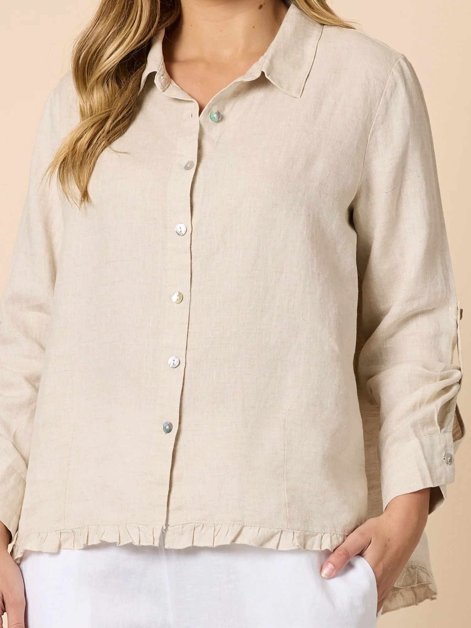 Ruffle Hem Linen Shirt - Natural