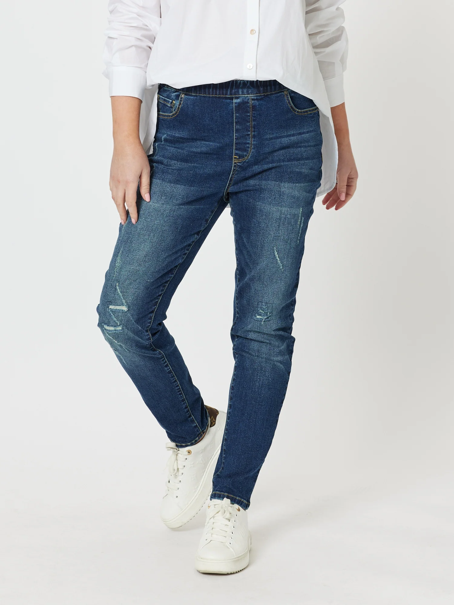 LA Distressed Pull On Stretch Denim Jean - Dark Denim