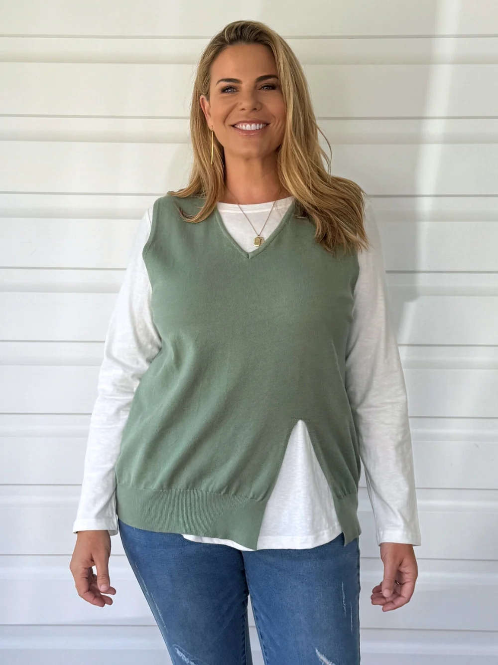 Vicky Side Split Knit Vest - Khaki