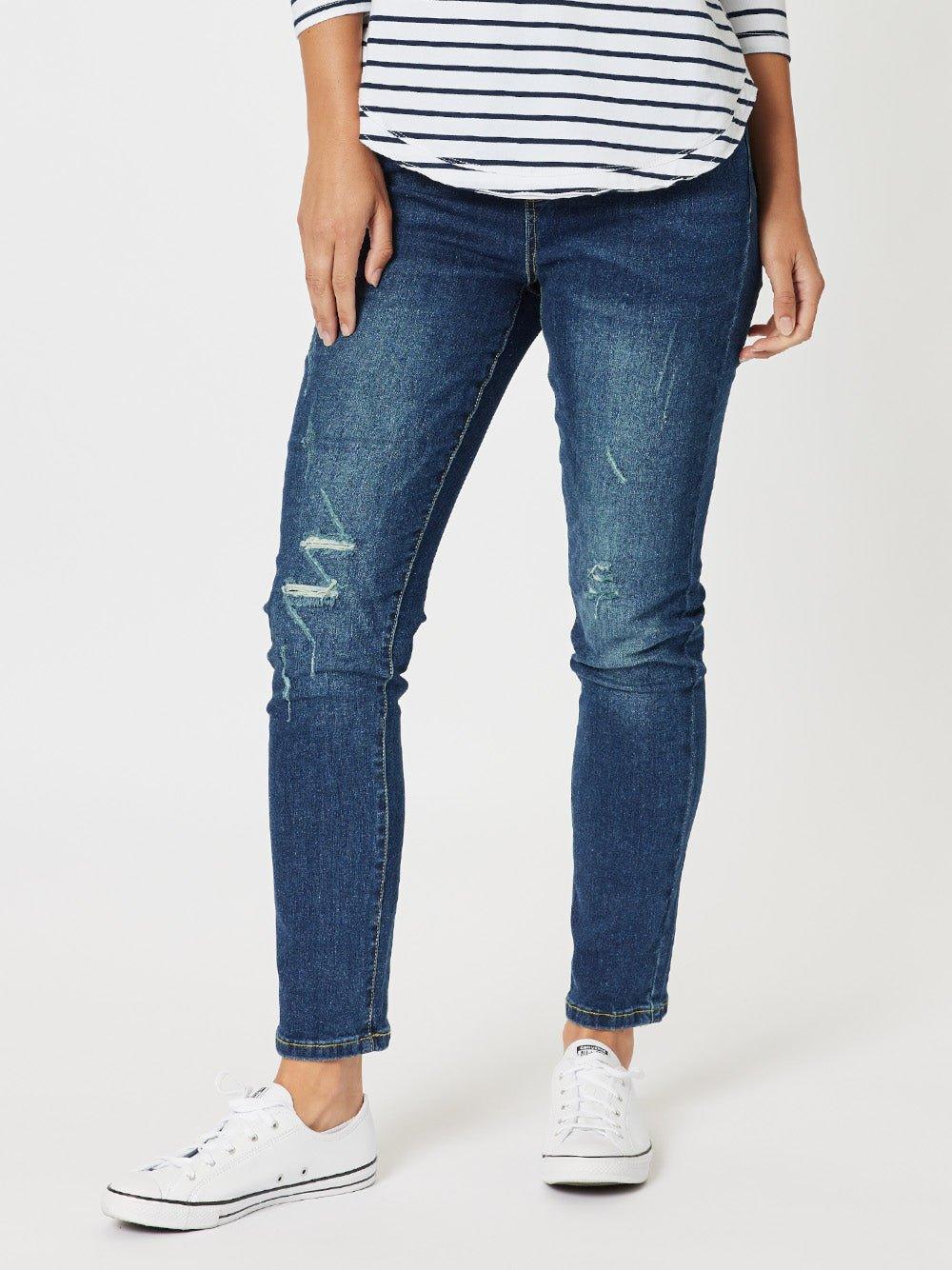LA Distressed Pull On Stretch Denim Jean - Dark Denim
