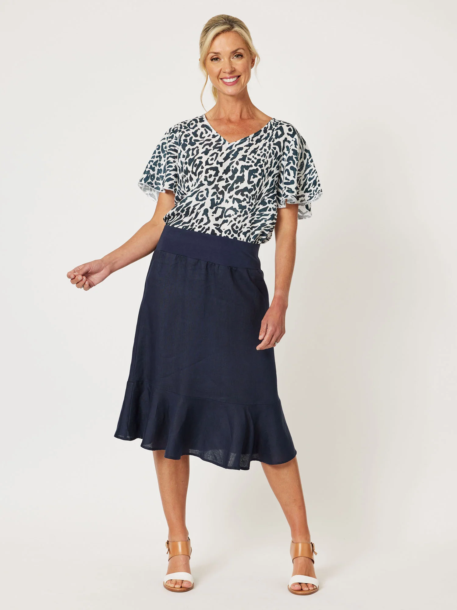 Cape Cod Print Linen Flute Sleeve Top - Animal