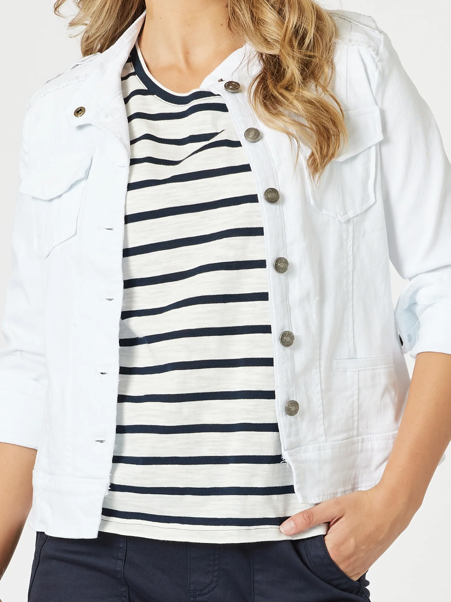 Military Style Denim Jacket - White