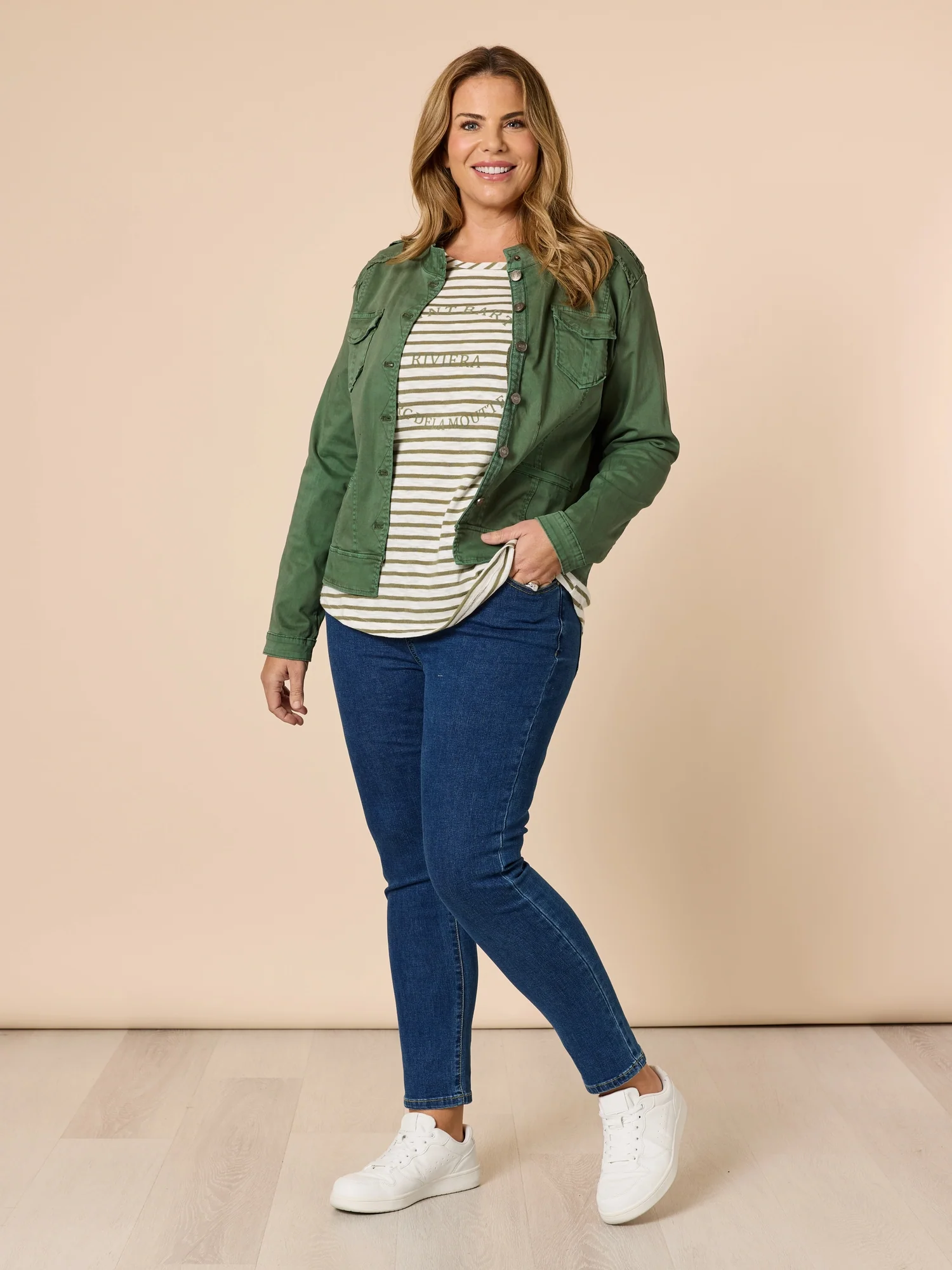 Military Style Denim Jacket - Khaki