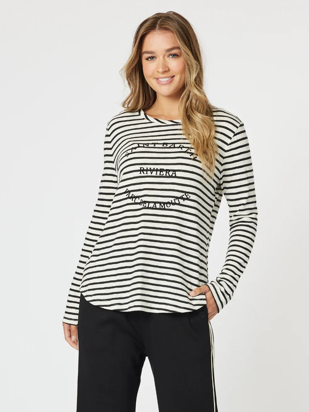 Riviera Long Sleeve Stripe Print Tee - Black/White