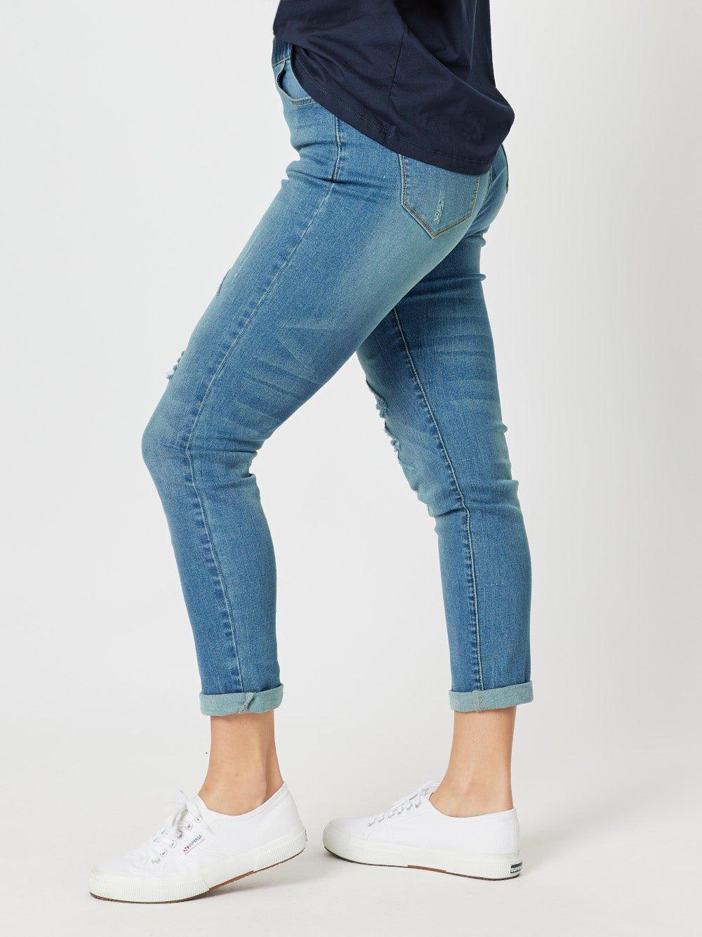 LA Distressed Pull On Stretch Denim Jean - Denim