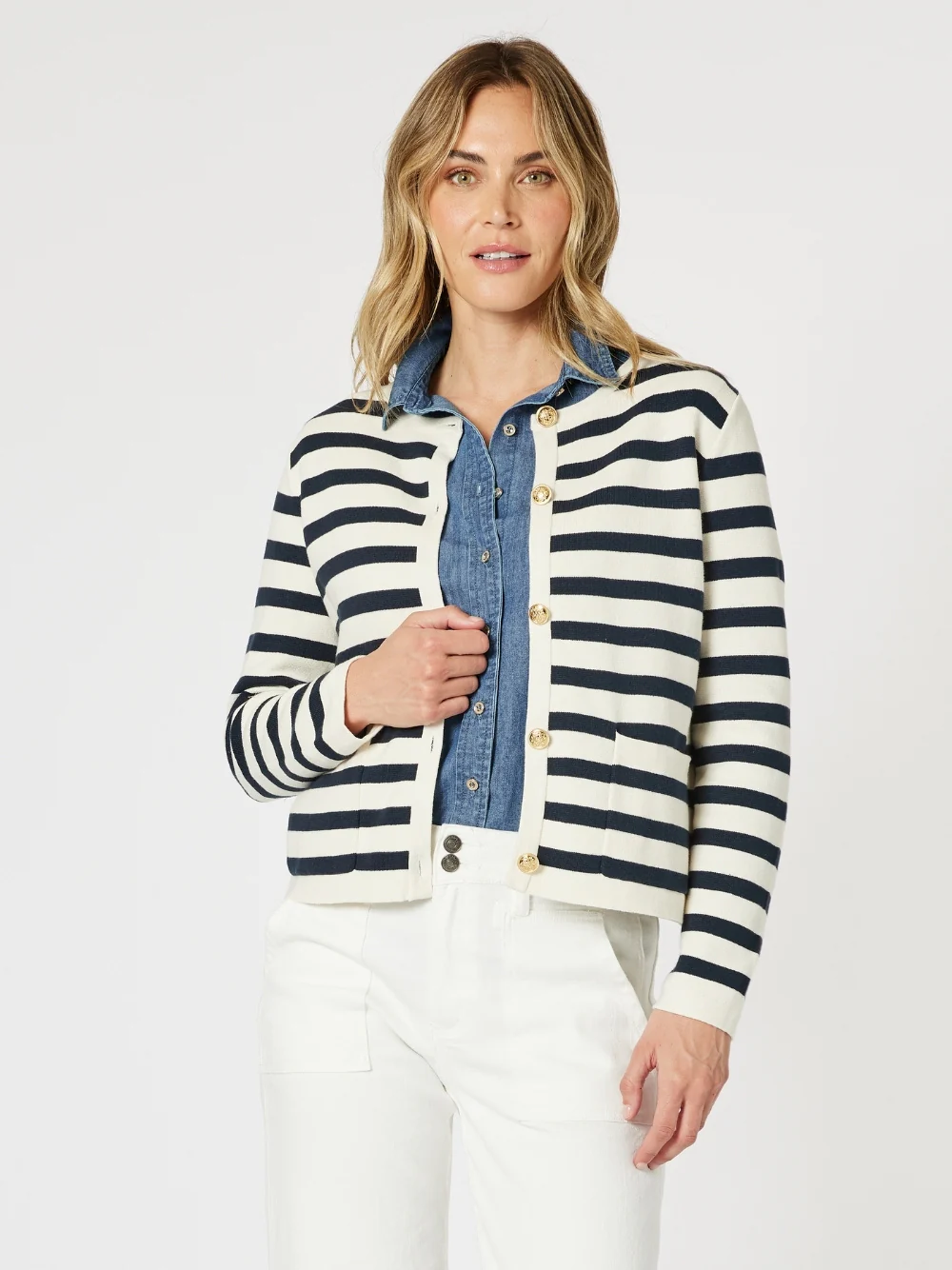 Cape Town Stripe Print Cardigan - Navy/Ivory