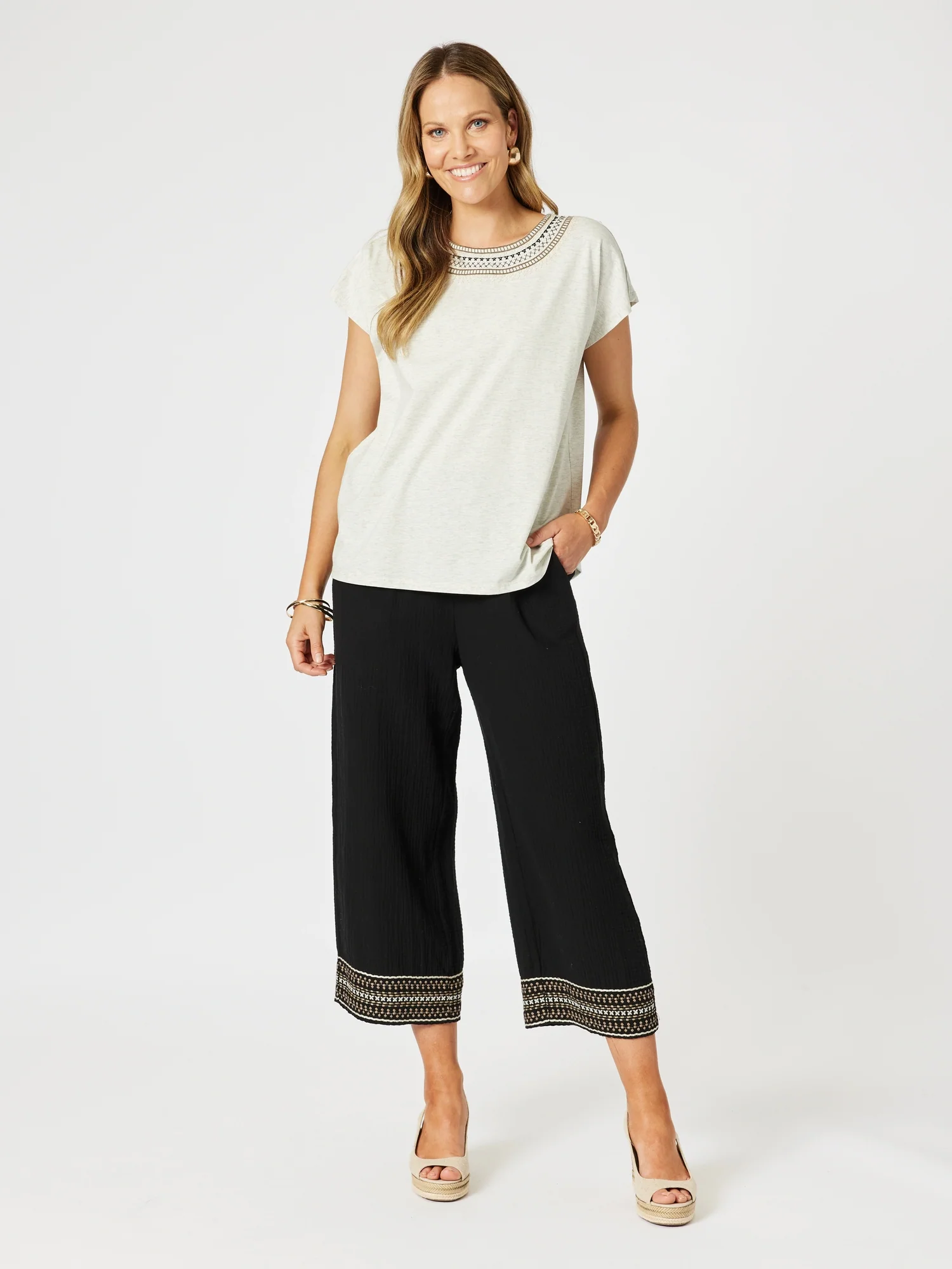 Cross Stitch Wide Leg Pant - Black