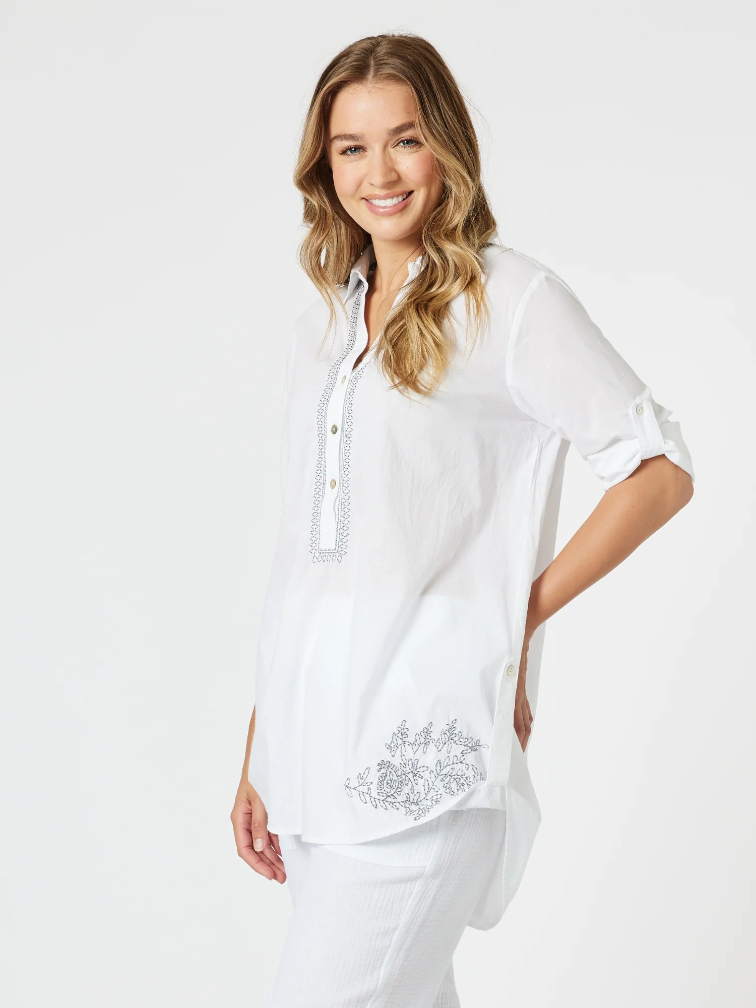 Bella Embroidered Top - White/Blue