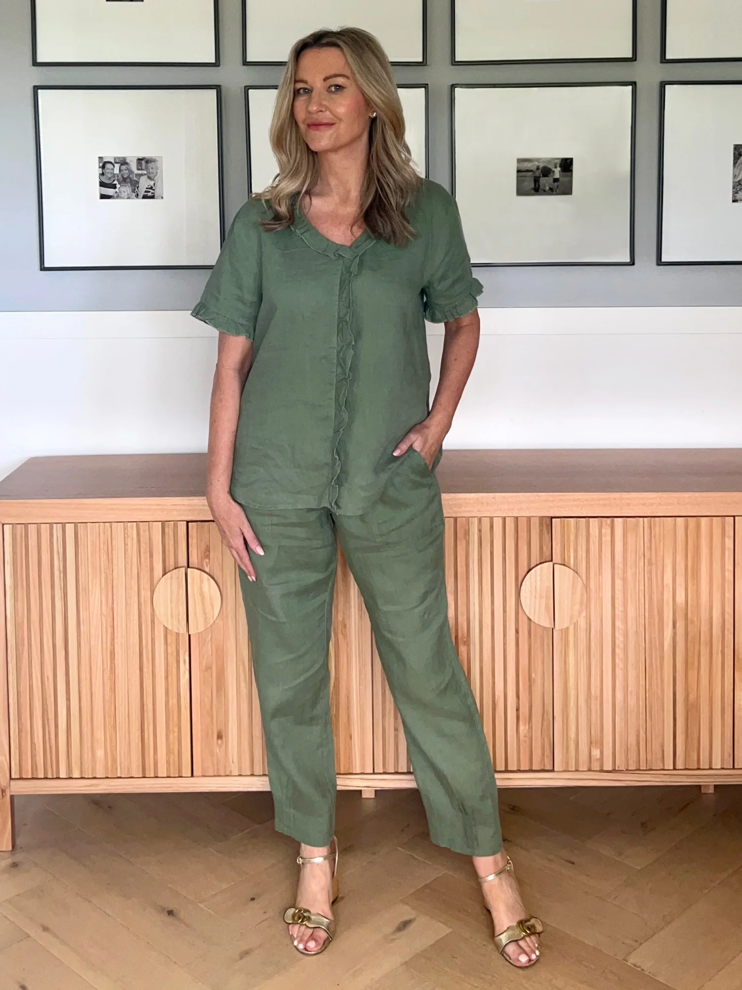 Tiffany Ruffle Linen Top - Khaki