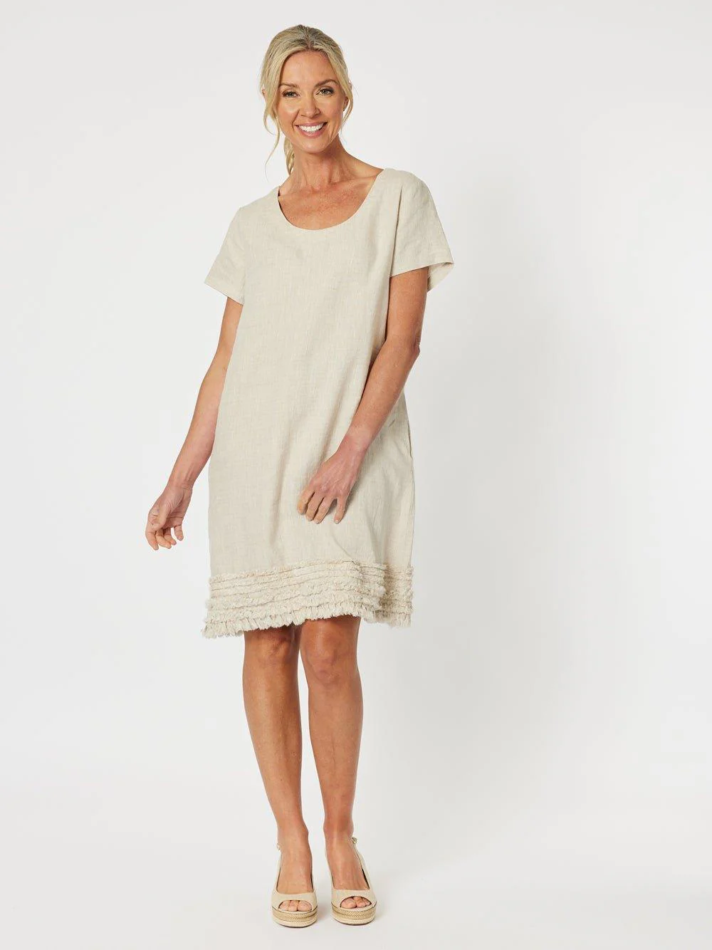 Ruffle Hem Scoop Neck Linen Dress - Natural