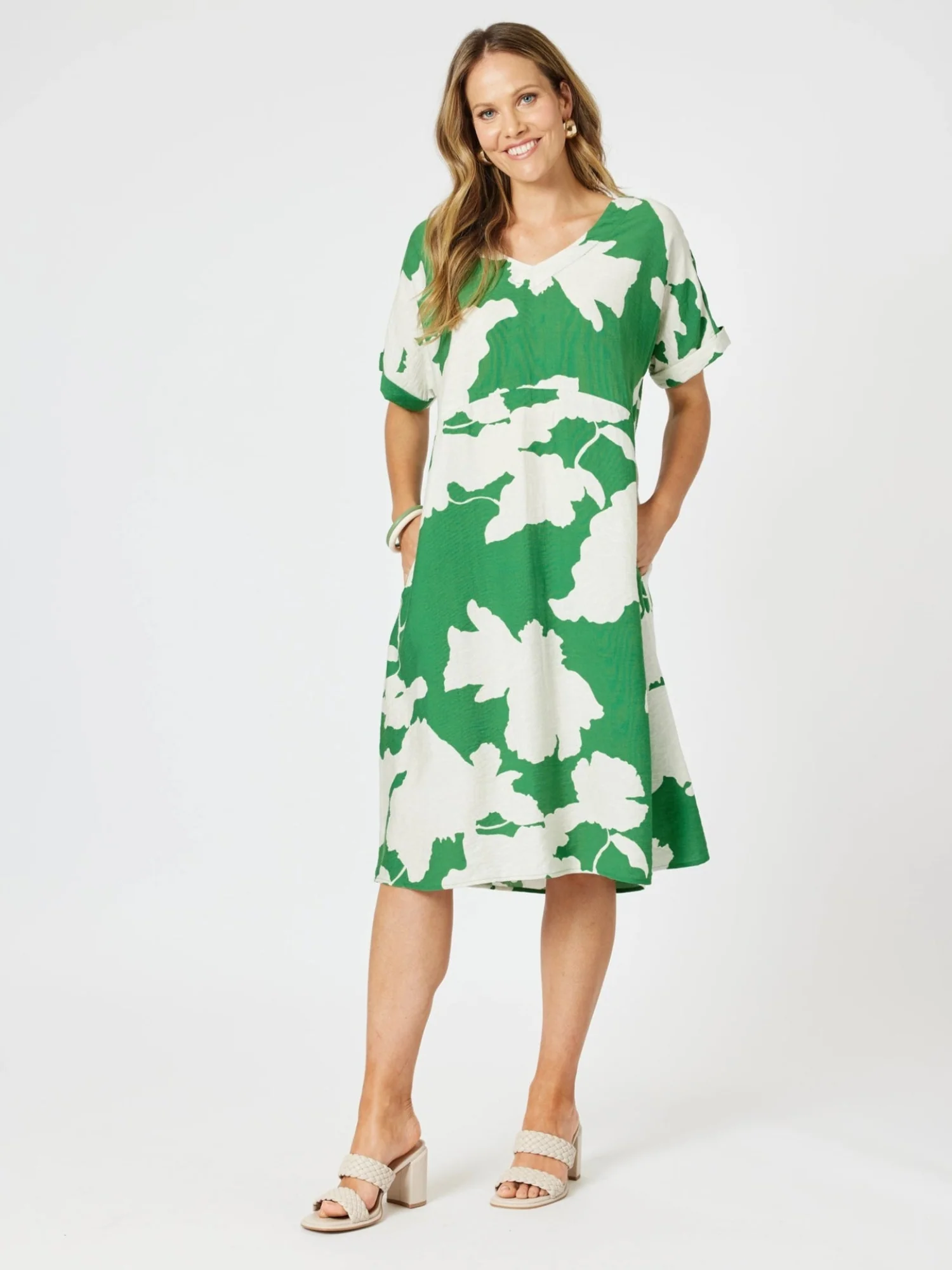 Barcelona V Neck Floral Print Dress - Elm Natural