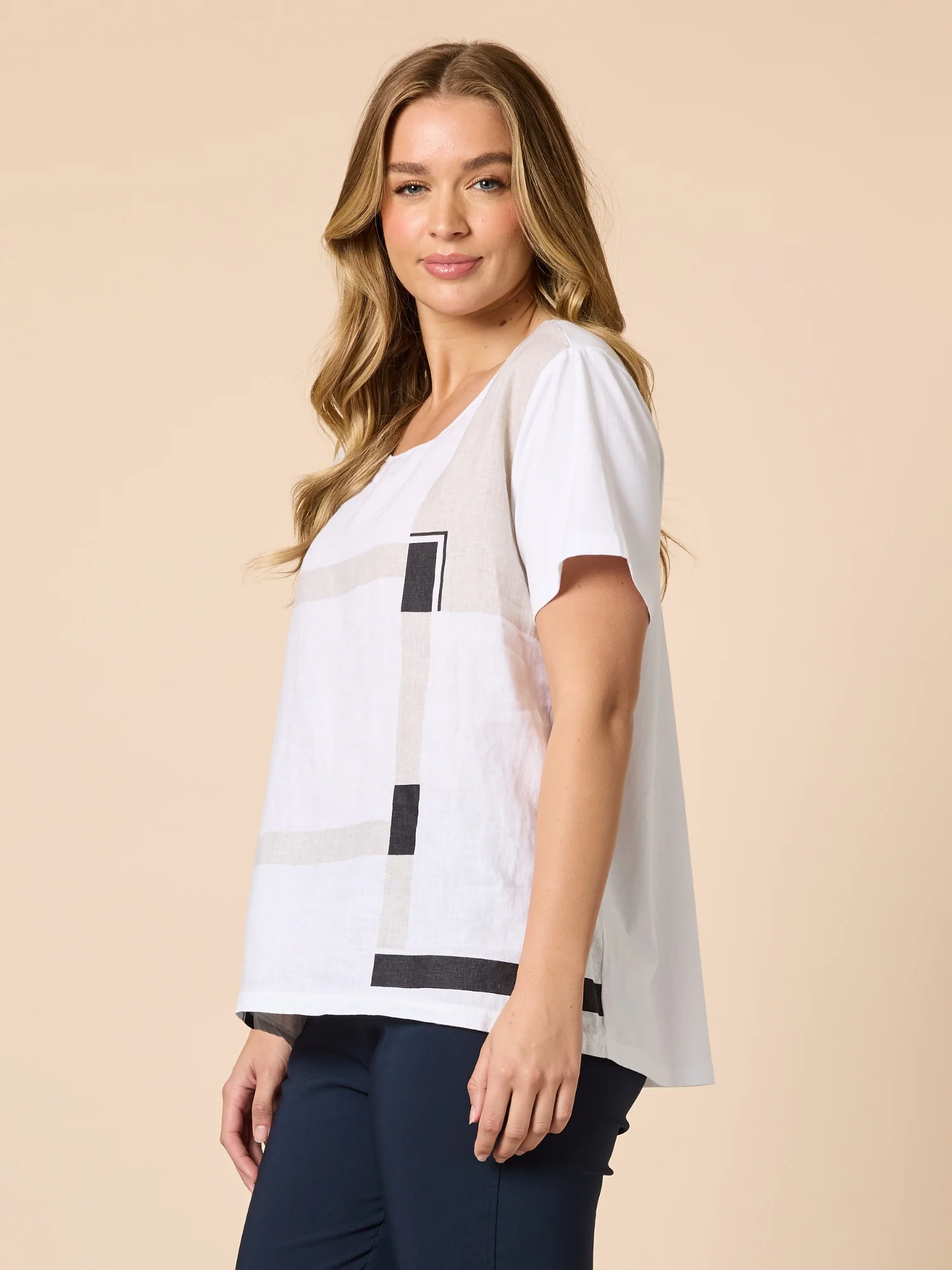 Geometric Print Top - White/Navy