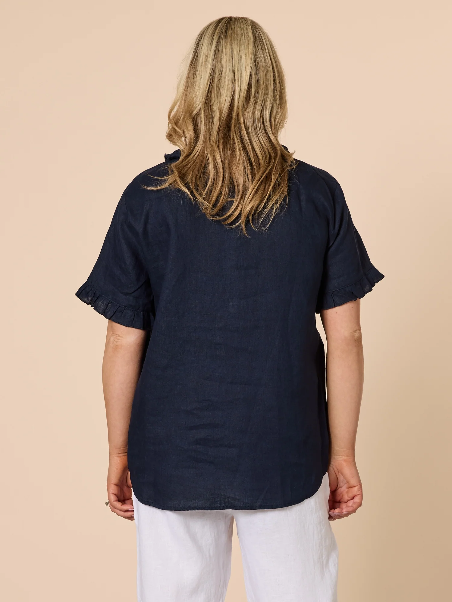 Tiffany Ruffle Linen Top - Navy