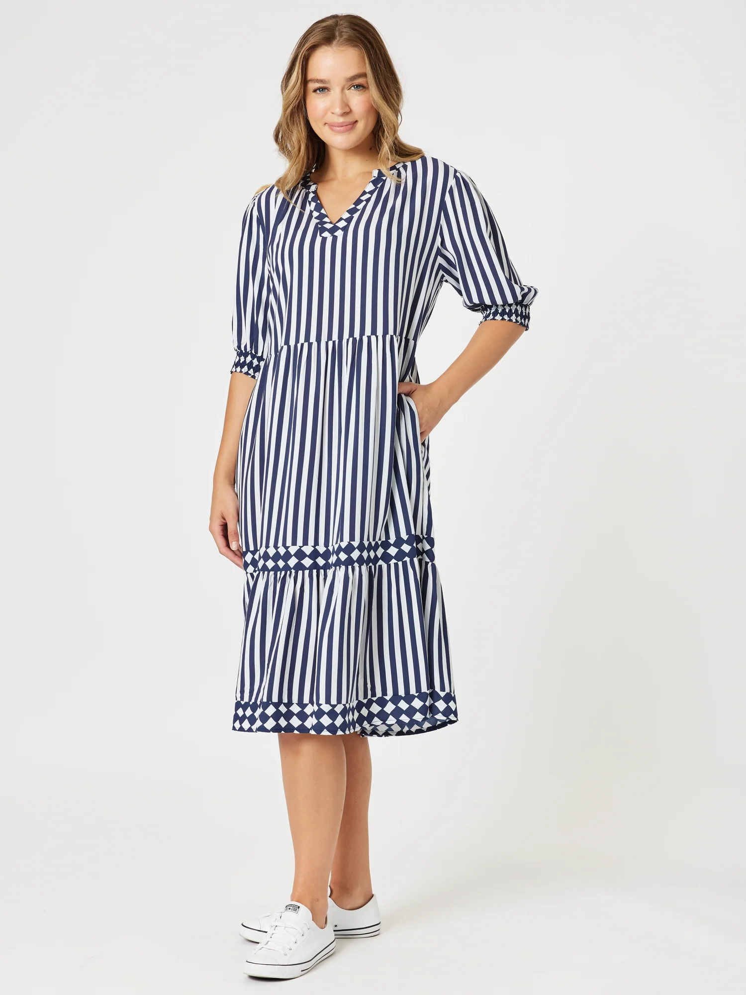 Harlequin Stripe Tier Dress - Navy/White