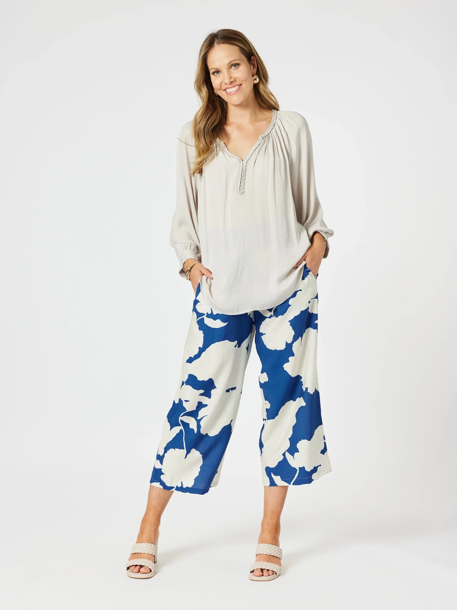Barcelona Floral Print Pant - Blue/Natural