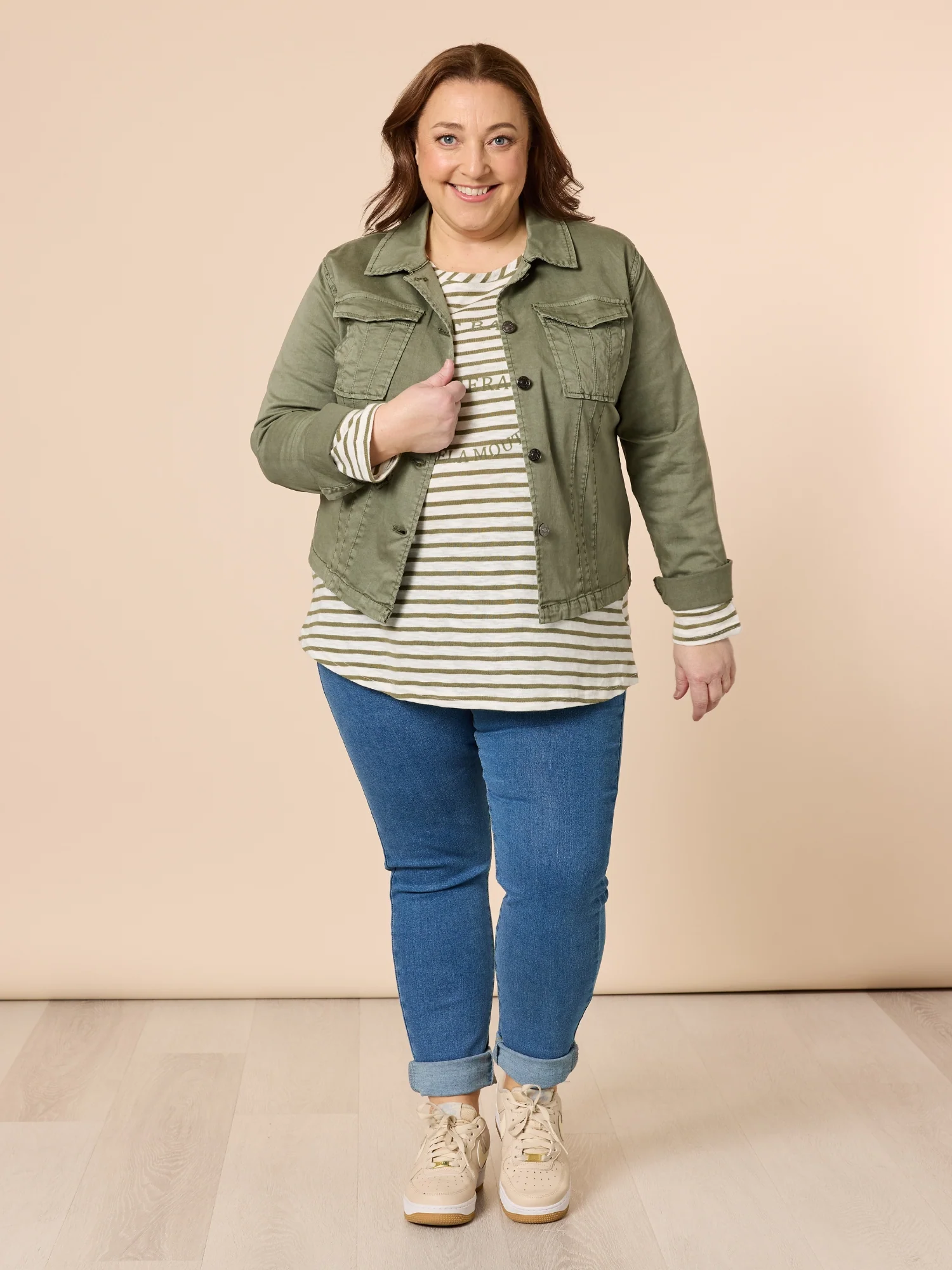 Riviera Stripe Print Long Sleeve Tee - Khaki/White