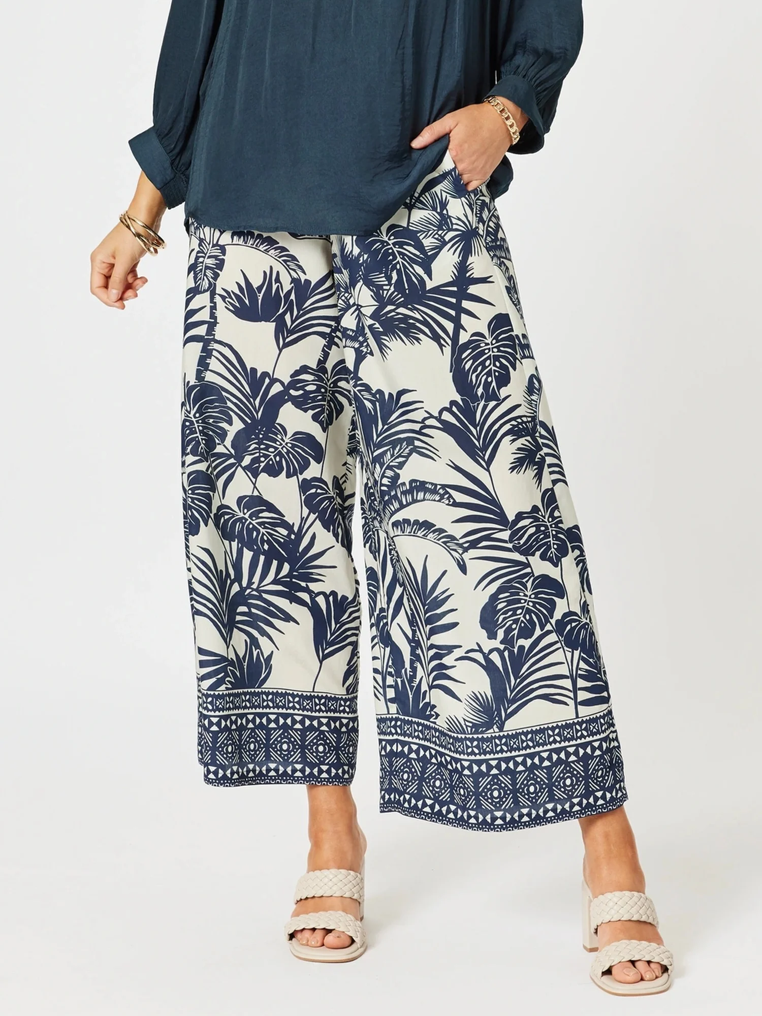 Palm Cove Print Wide Leg Pant - Navy Multi