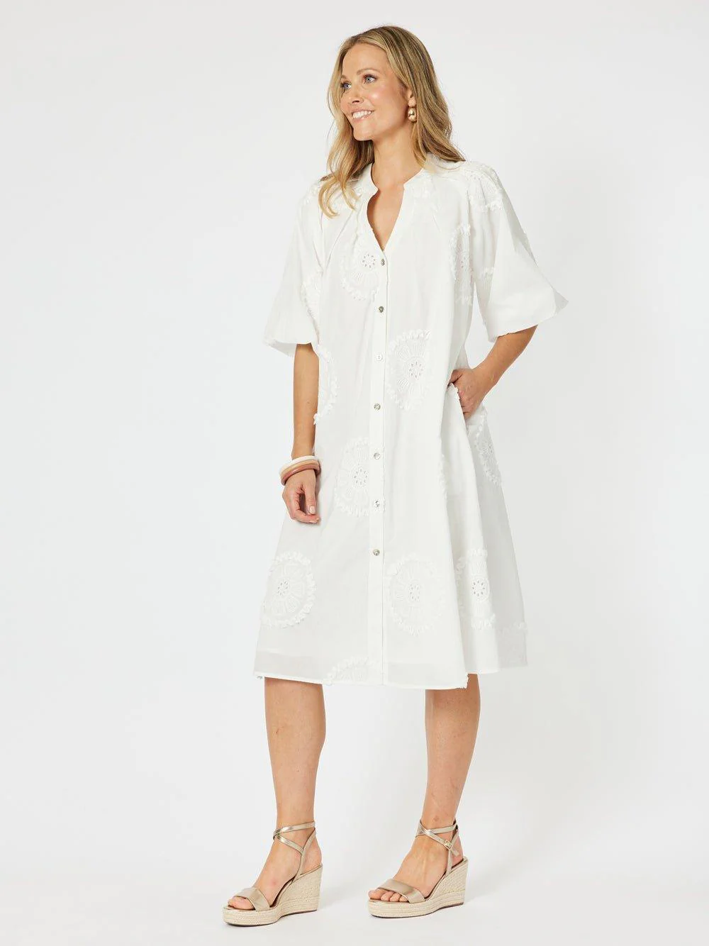 Emanuella Embroidered Button Dress - White