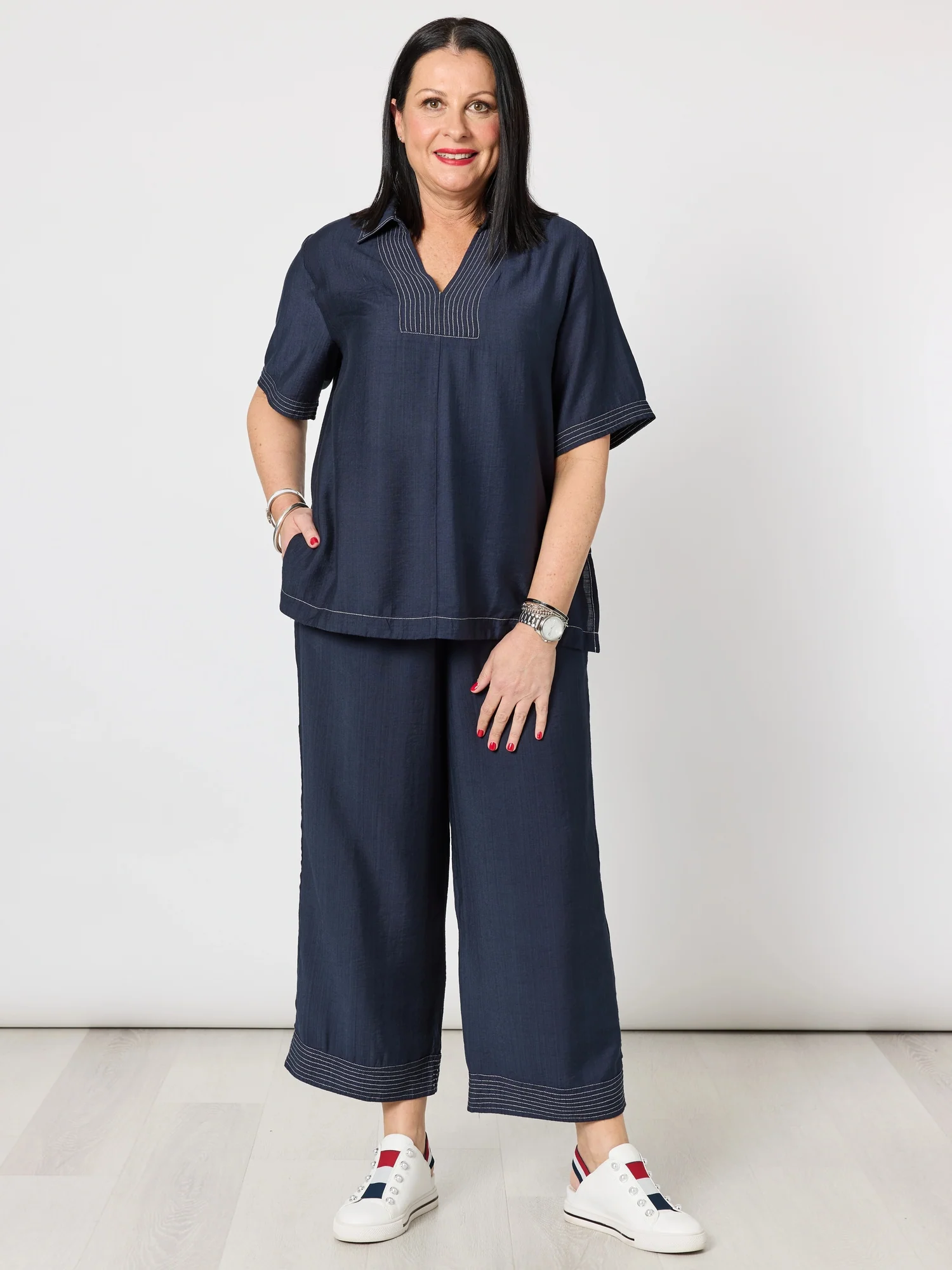 Top Stitch Detail Top - Navy