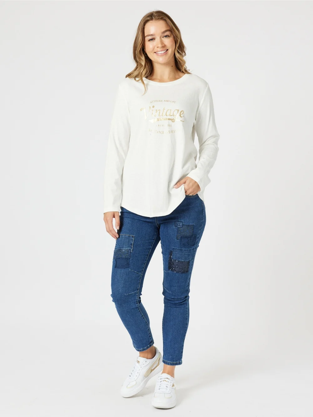 Vintage Long Sleeve Print Tee - White/Gold