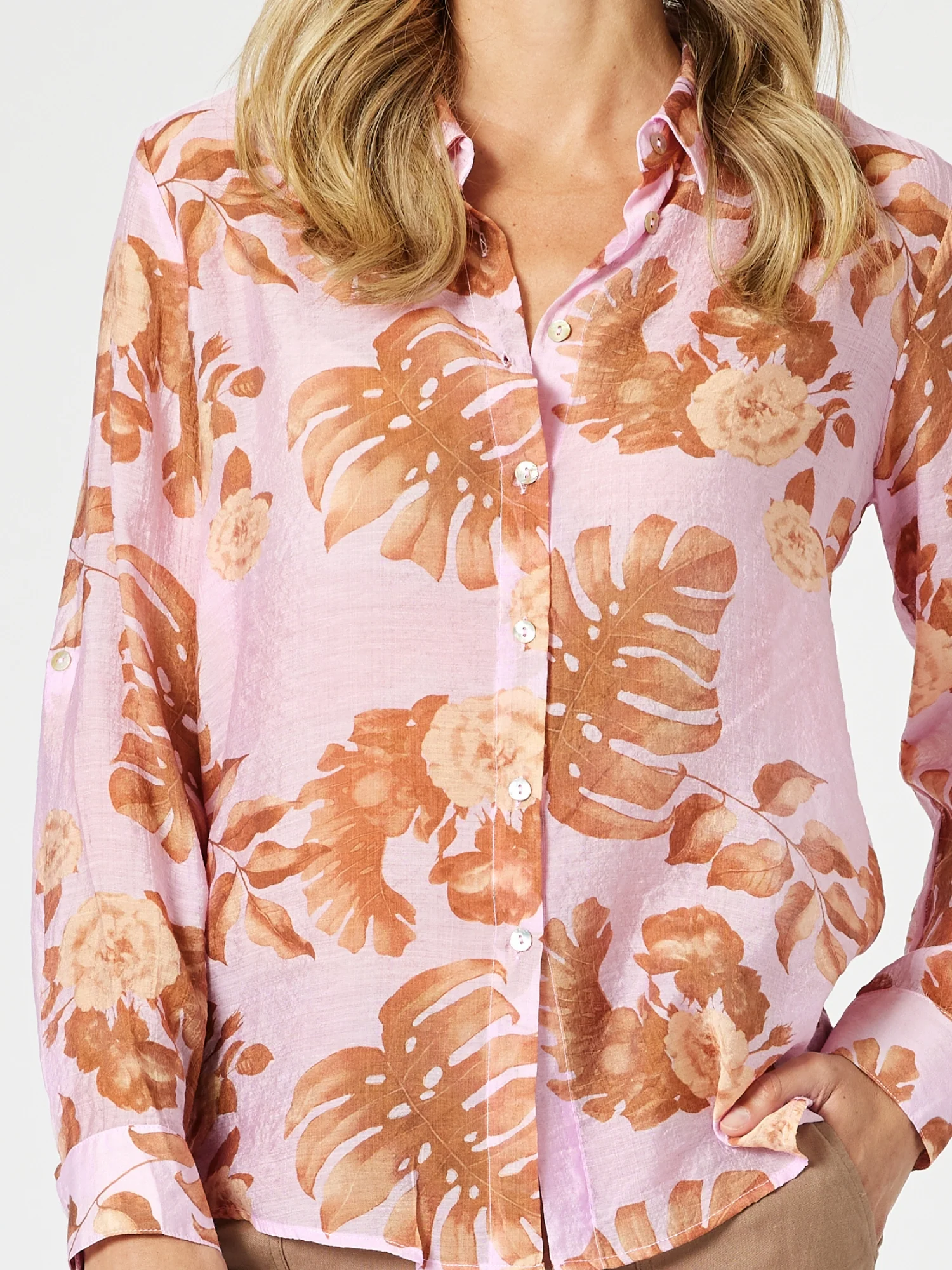 Haiti Floral Print Sheer Shirt - Pink/Natural