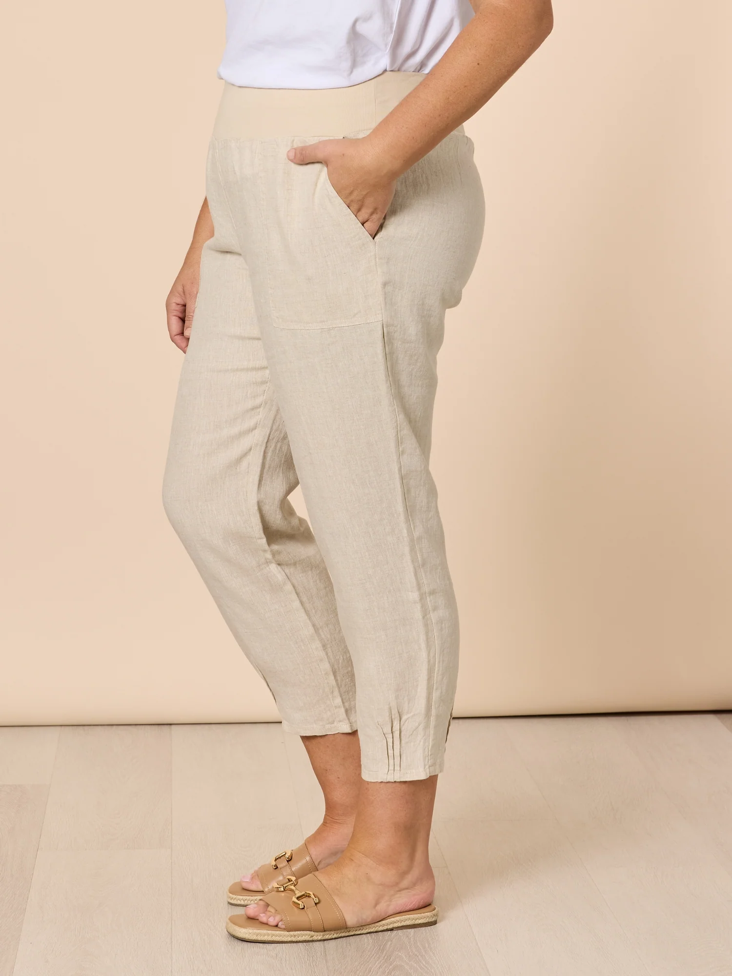 Sarah Linen Pleat Hem Pant - Natural